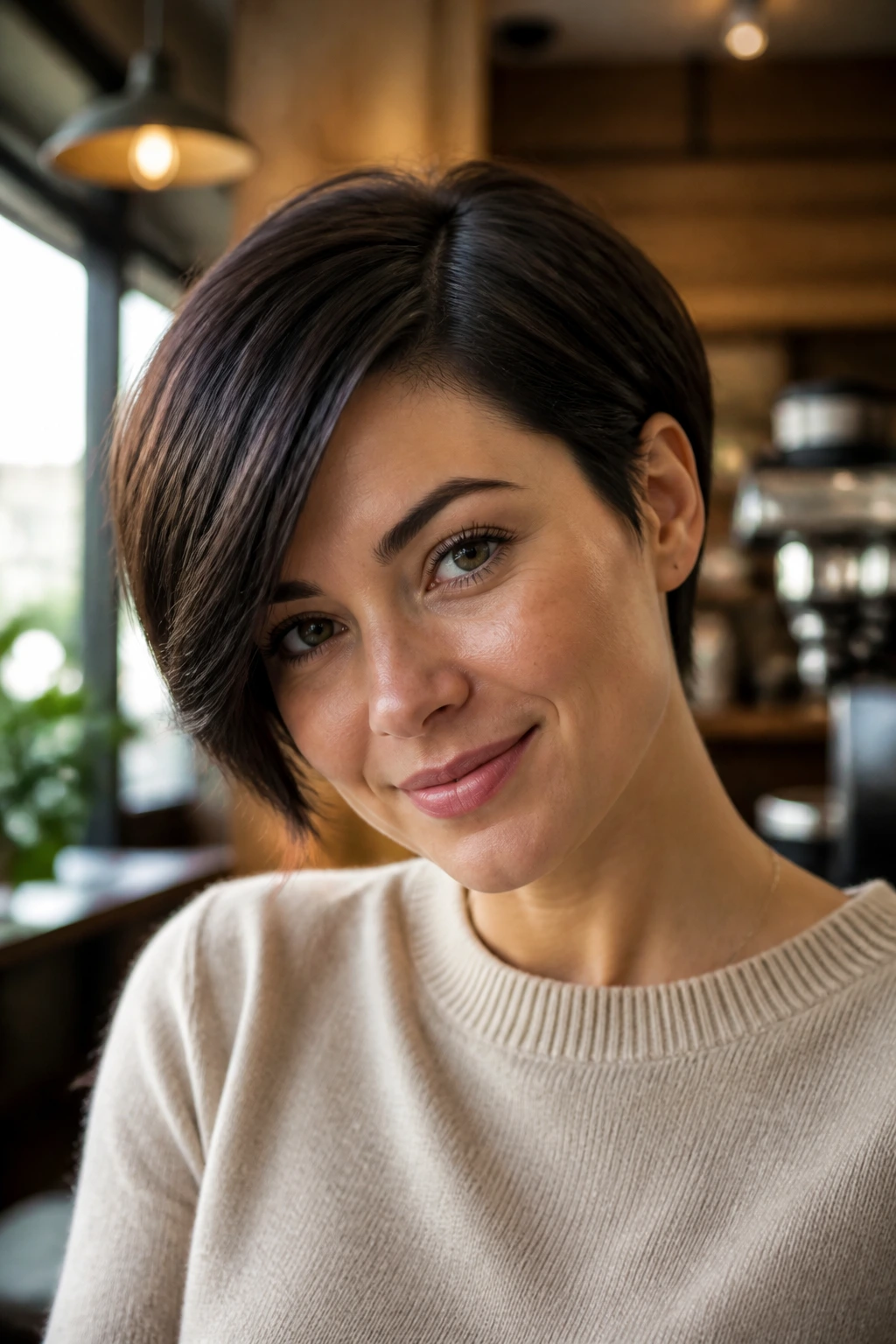 Close-up of a real woman with a rounded crop and side part