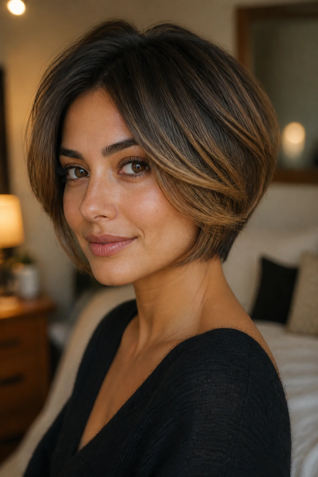 Close-up of a real woman with rounded crop and sunlit tips on olive skin