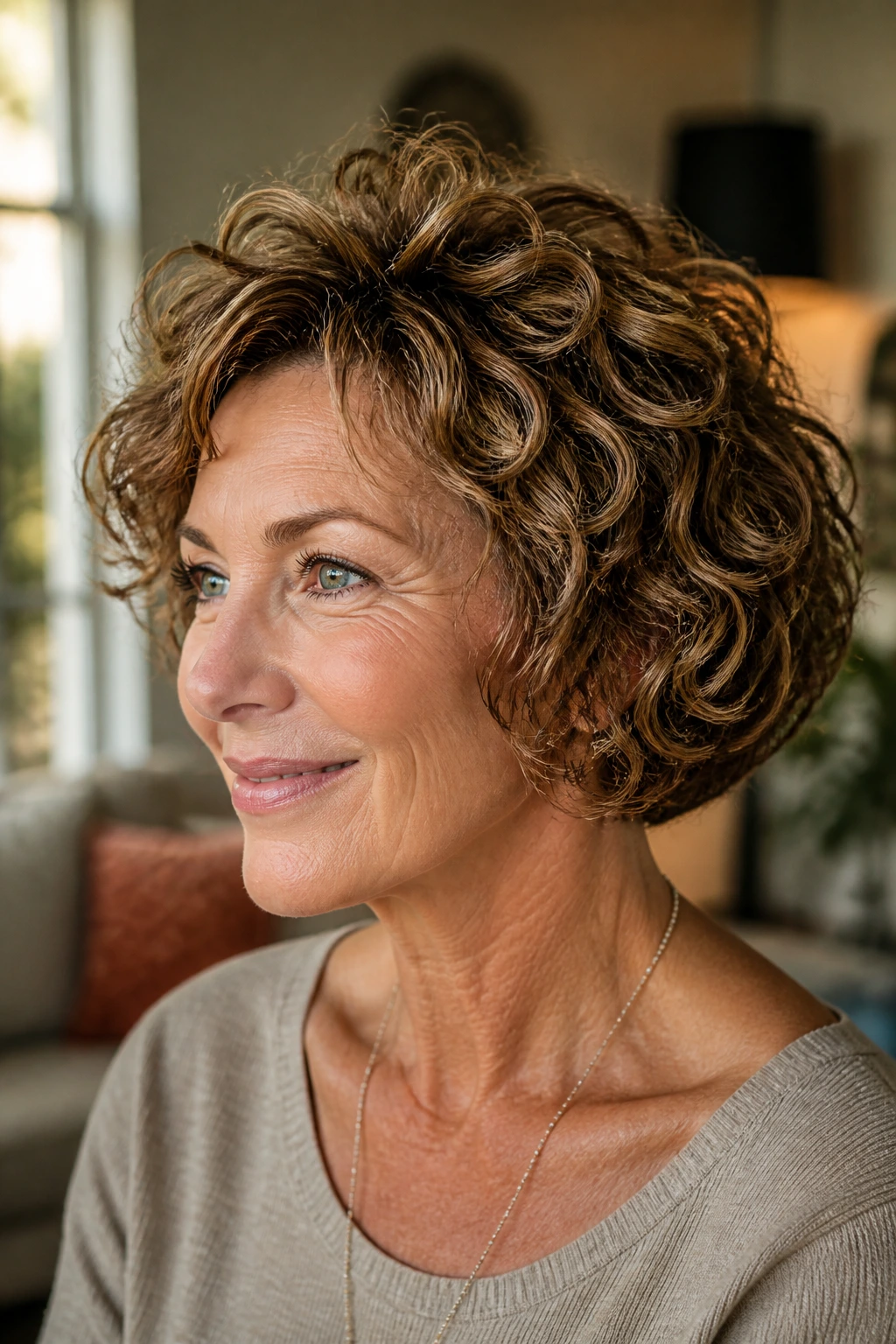 Close-up of a real woman with a rounded curly bob showing crown lift
