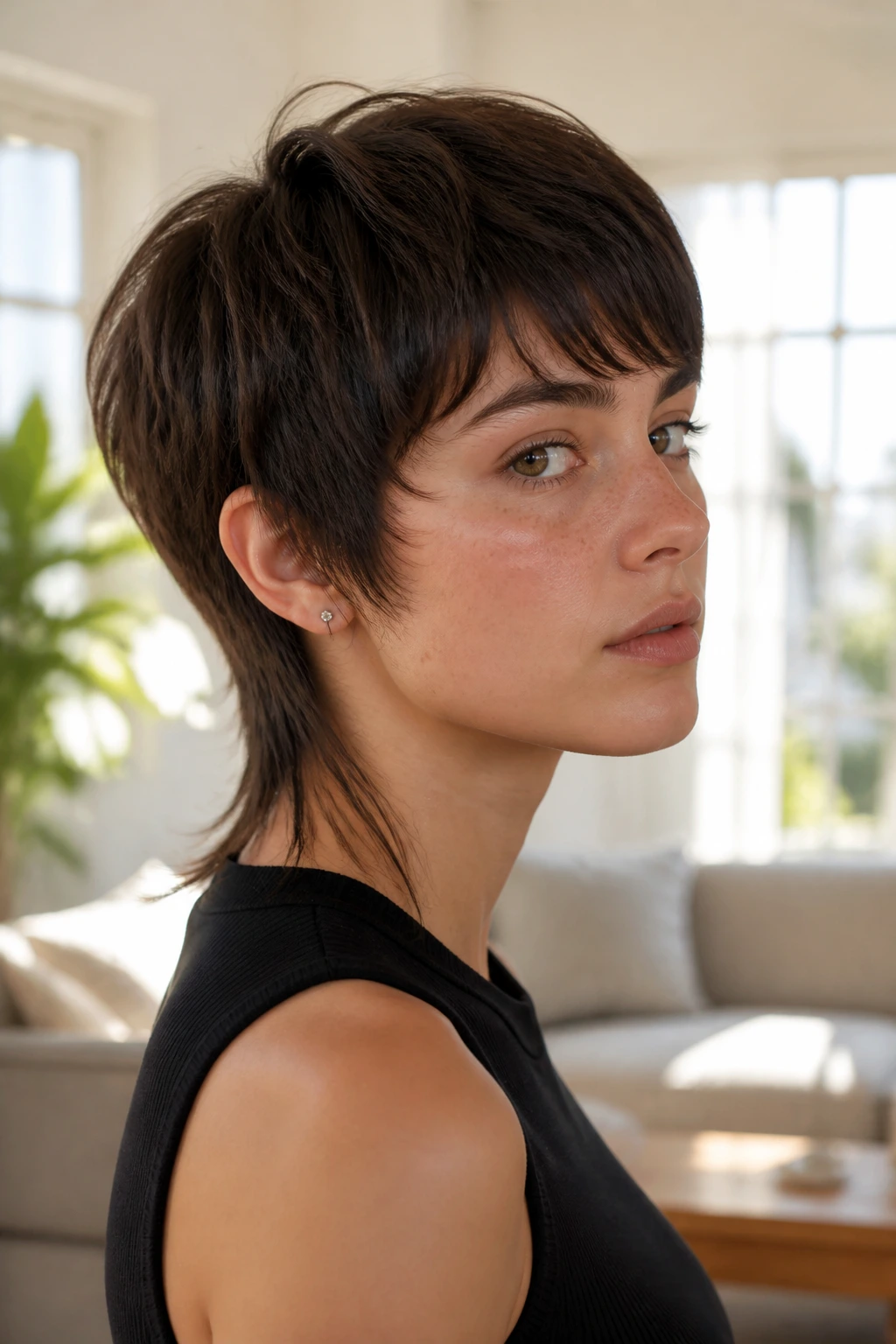 Close-up portrait of real person with rounded crown and long nape pieces mullet