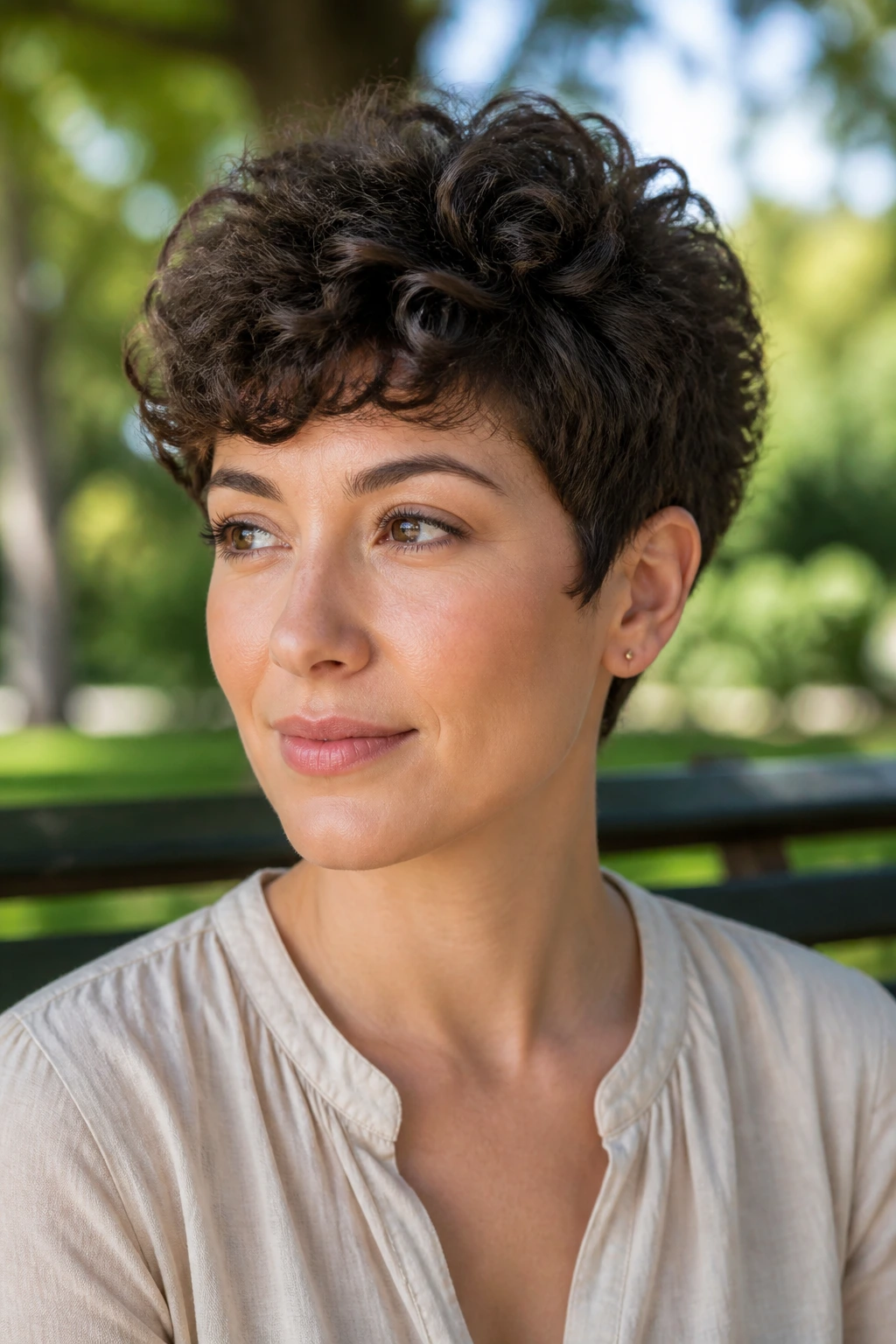 Real woman with rounded crown pixie hairstyle sitting on a bench in park
