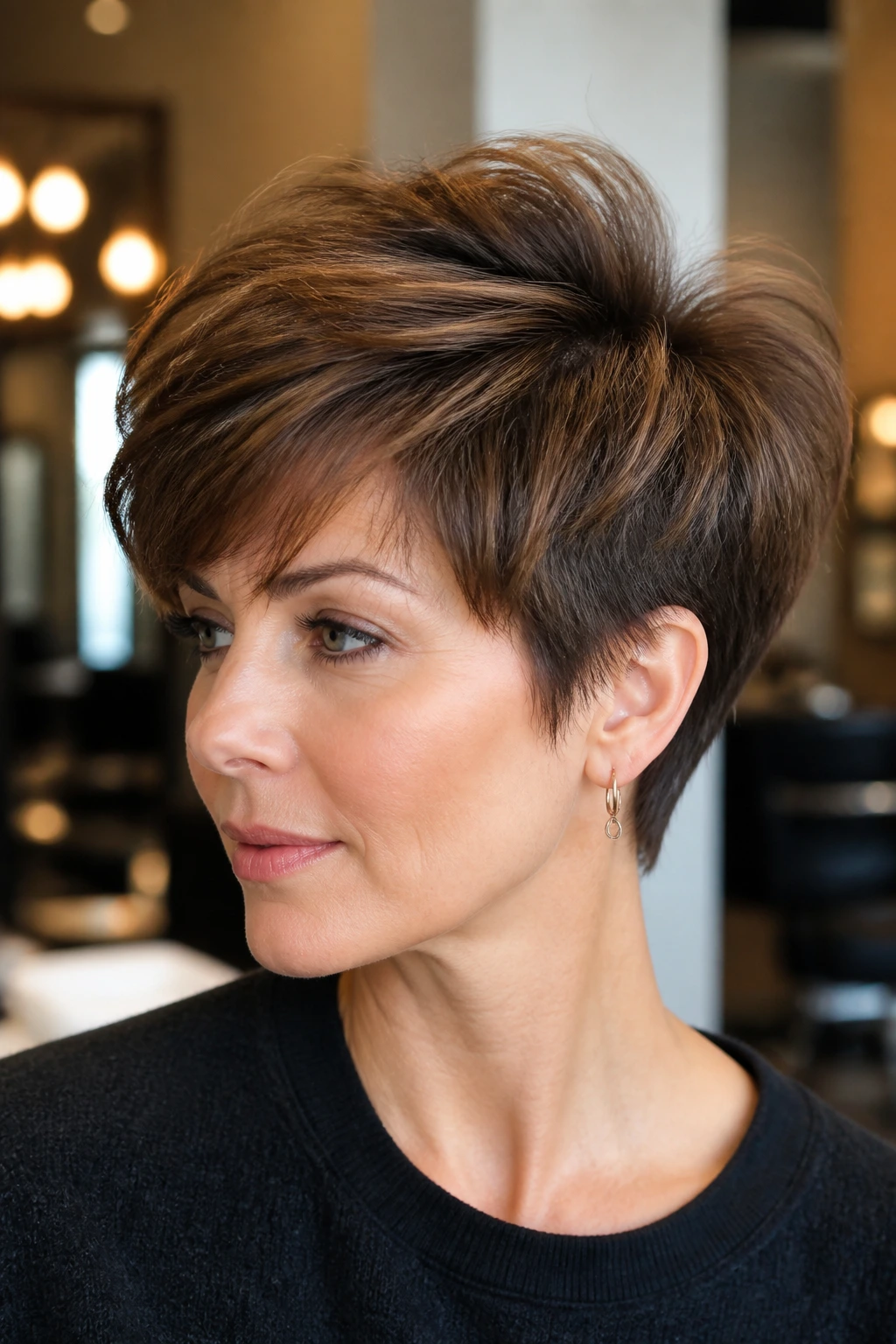 Portrait of a real woman with a rounded crown volume pixie and tapered sides in a stylish salon setting.