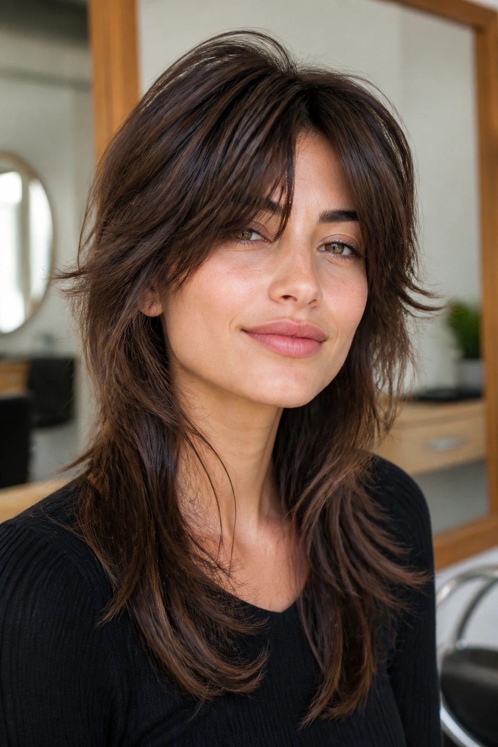 Close-up portrait of a real woman with rounded crown shag showing lifted crown and soft side layers