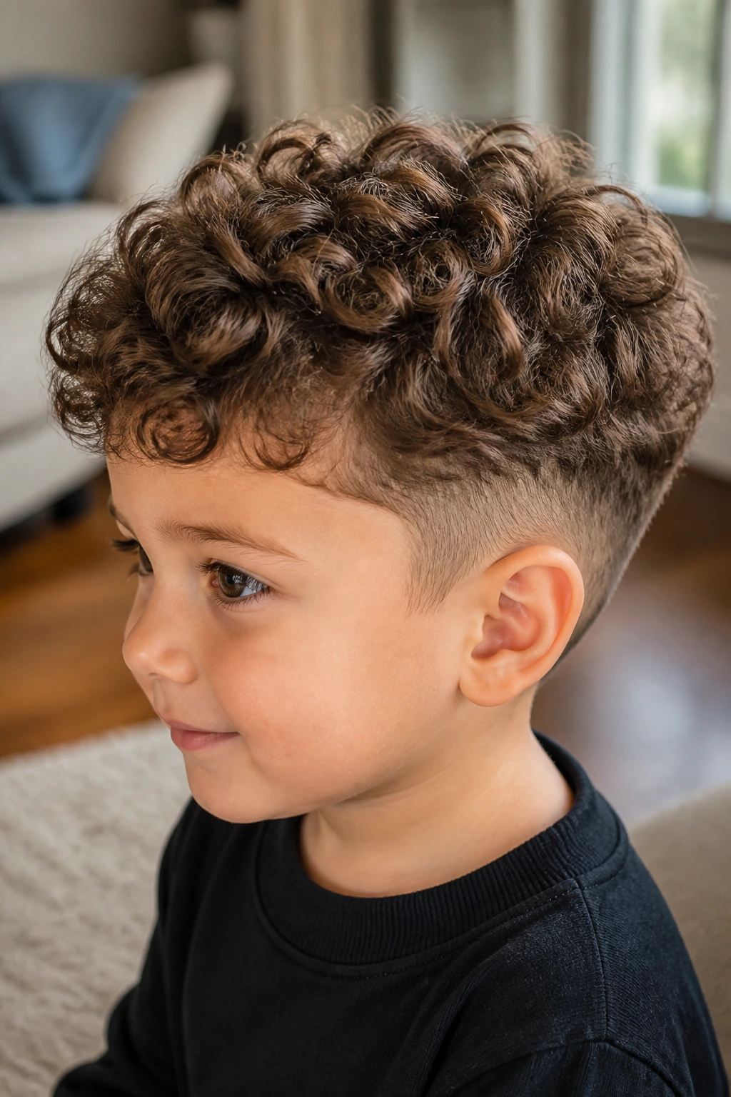 Toddler boy with rounded curl crop, soft dome top, gentle taper sides, warm natural light.
