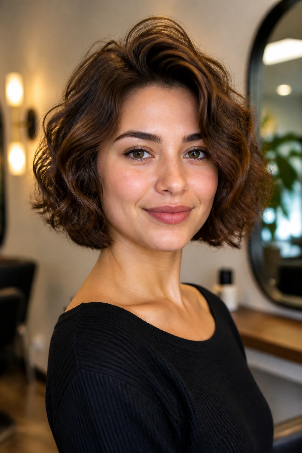 Close-up of a real person with crown-volume rounded curled bob.