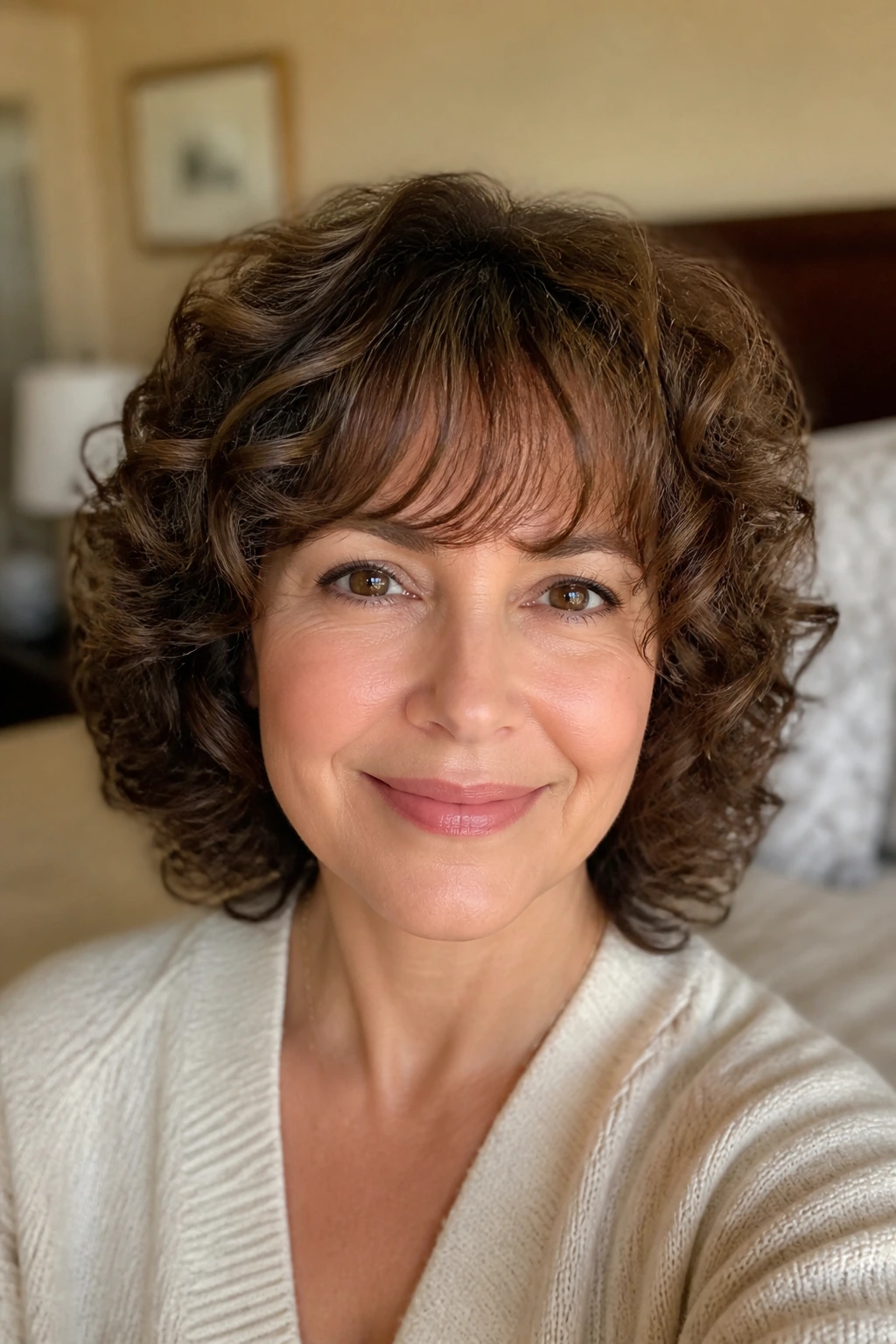 Close-up of a real woman with rounded curls and soft arc bangs