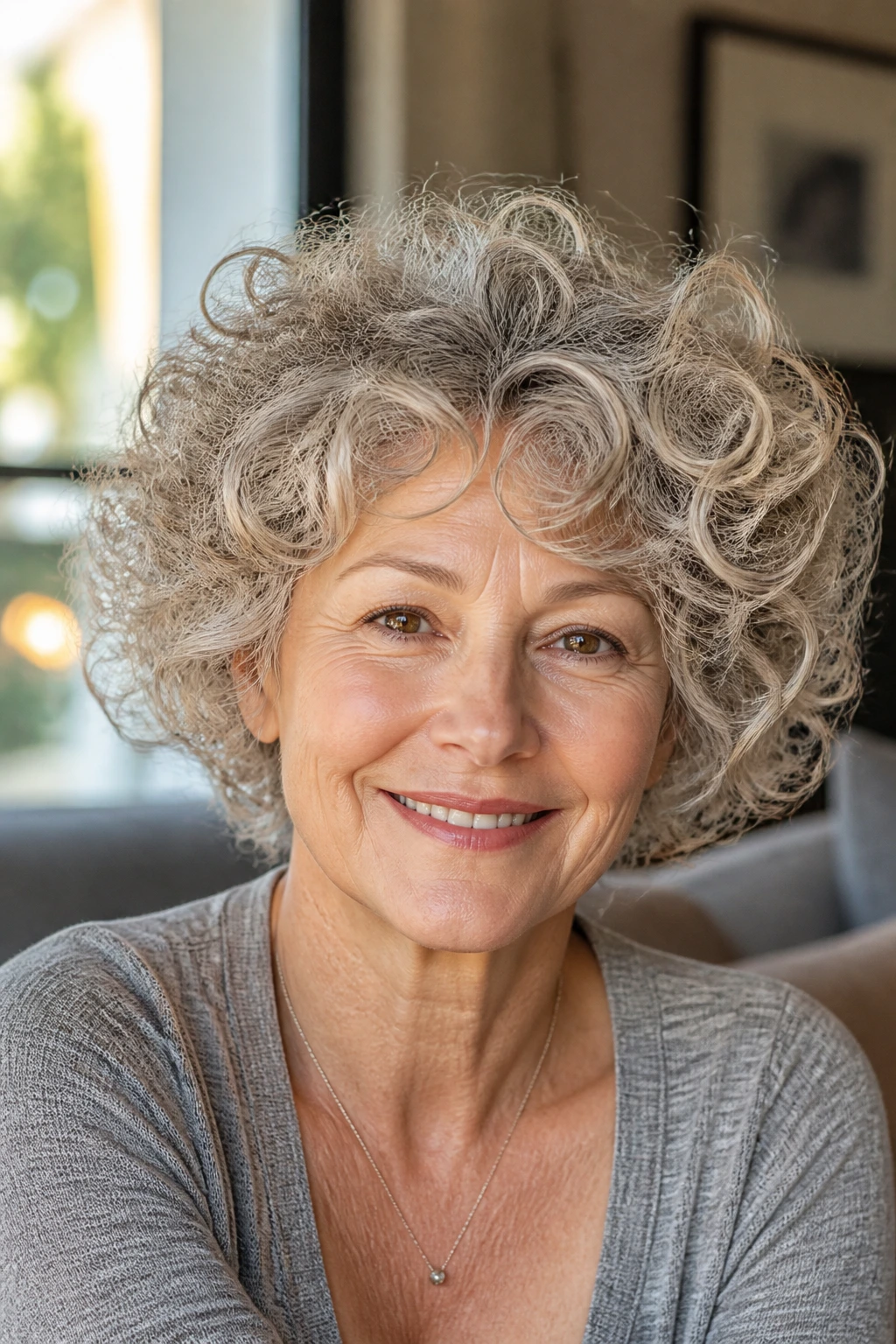 Close-up of a real woman with curly hair forming a rounded halo using round layers.