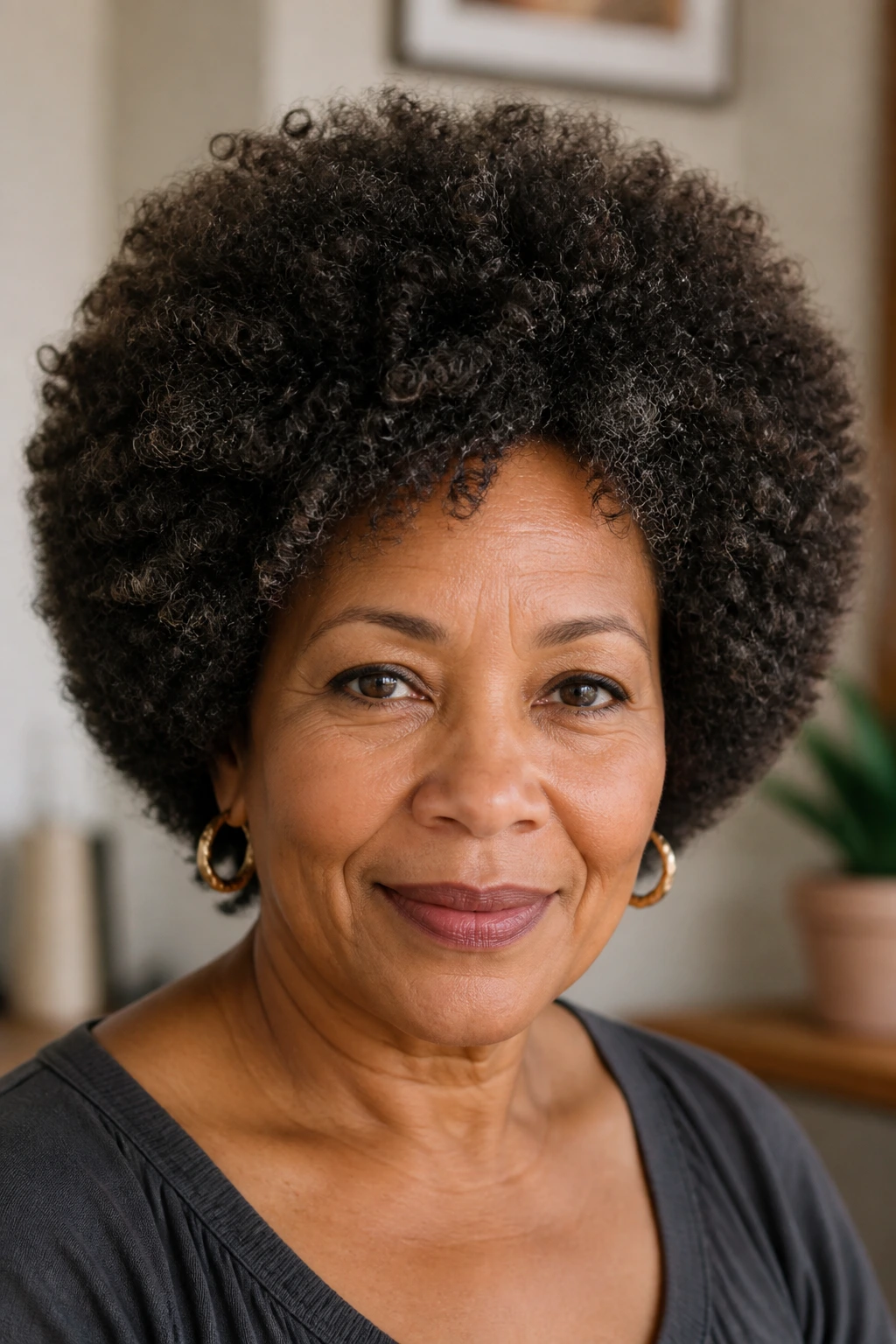Close-up of a real woman with a rounded curly Afro