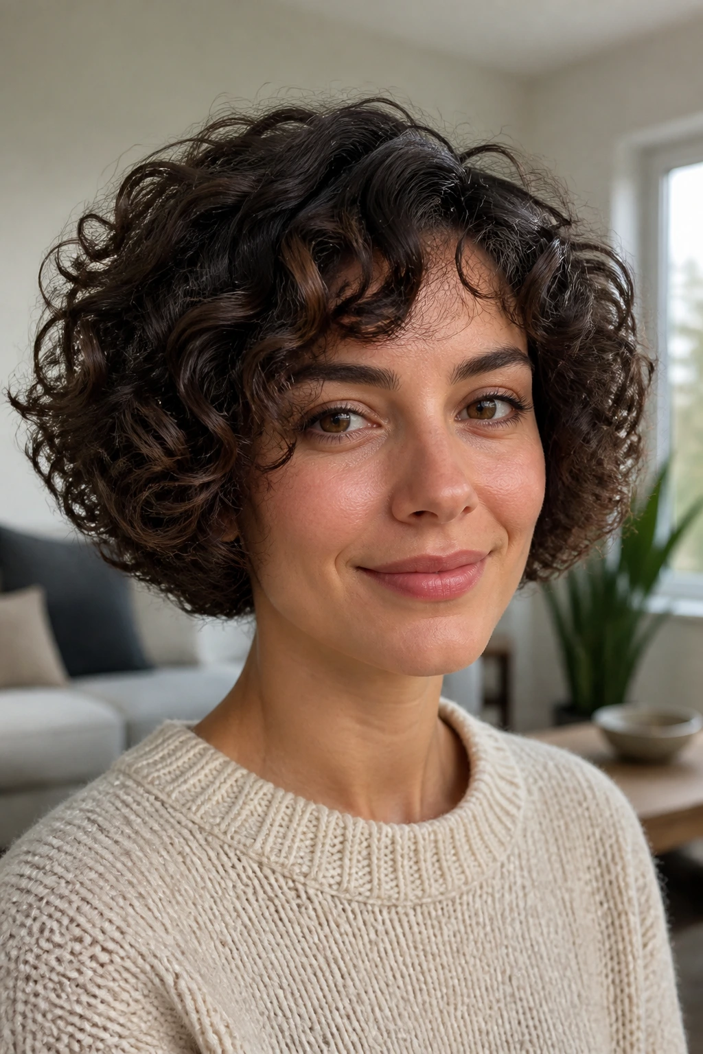 Real woman with rounded curly bob in soft daylight