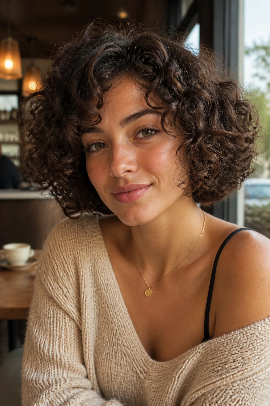 Real woman with rounded curly bob and soft volume