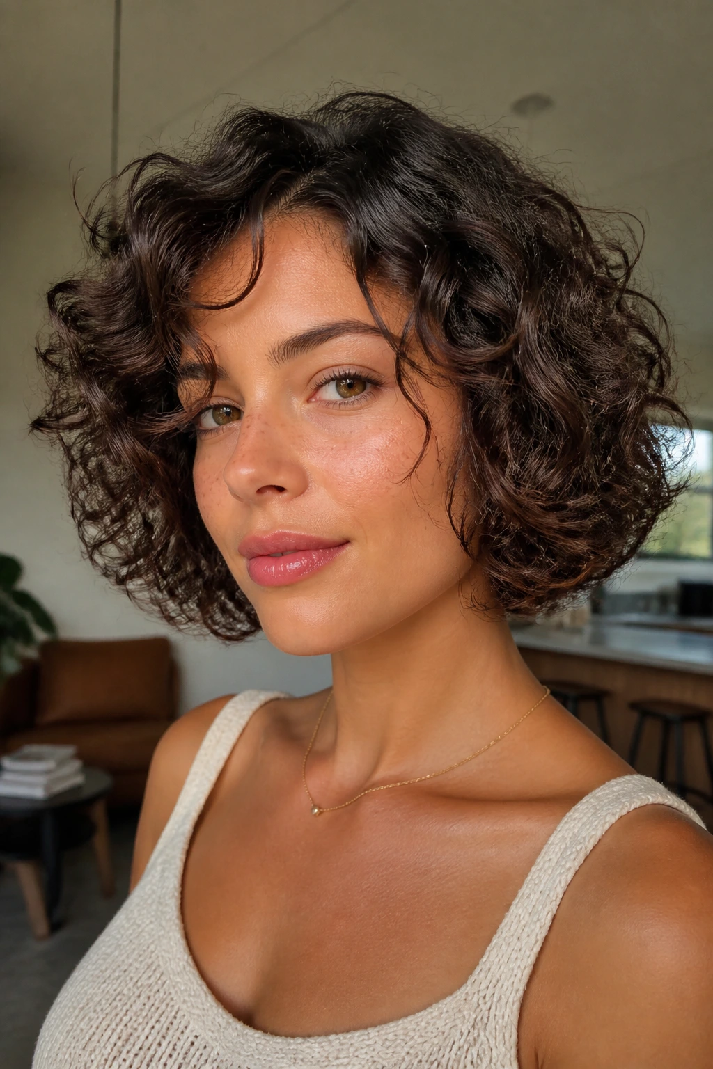 Close-up of a person with a rounded curly bob in warm daylight
