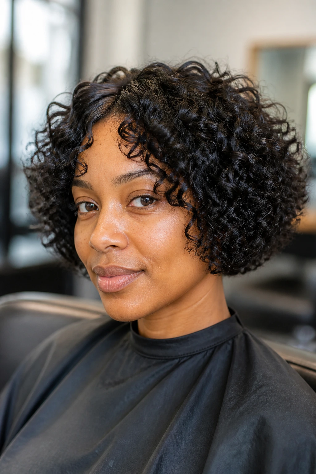 Close-up of a real Black woman with a rounded curly bob