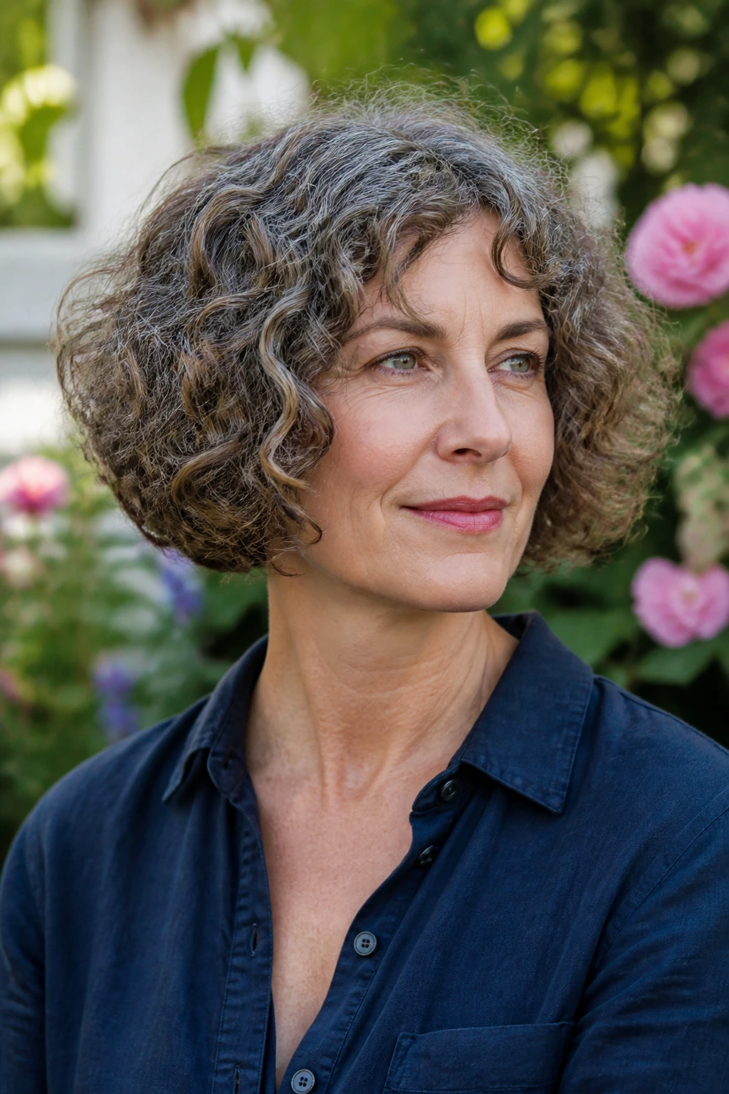 Real woman with rounded curly bob in natural light.