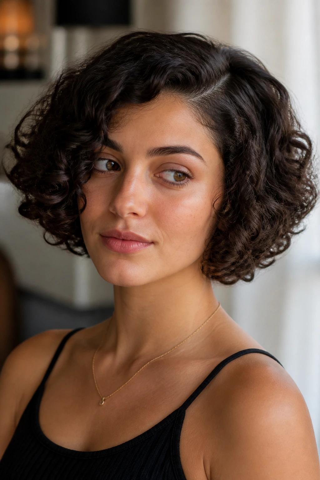 Close-up of a real woman with rounded curly bob and deep side part