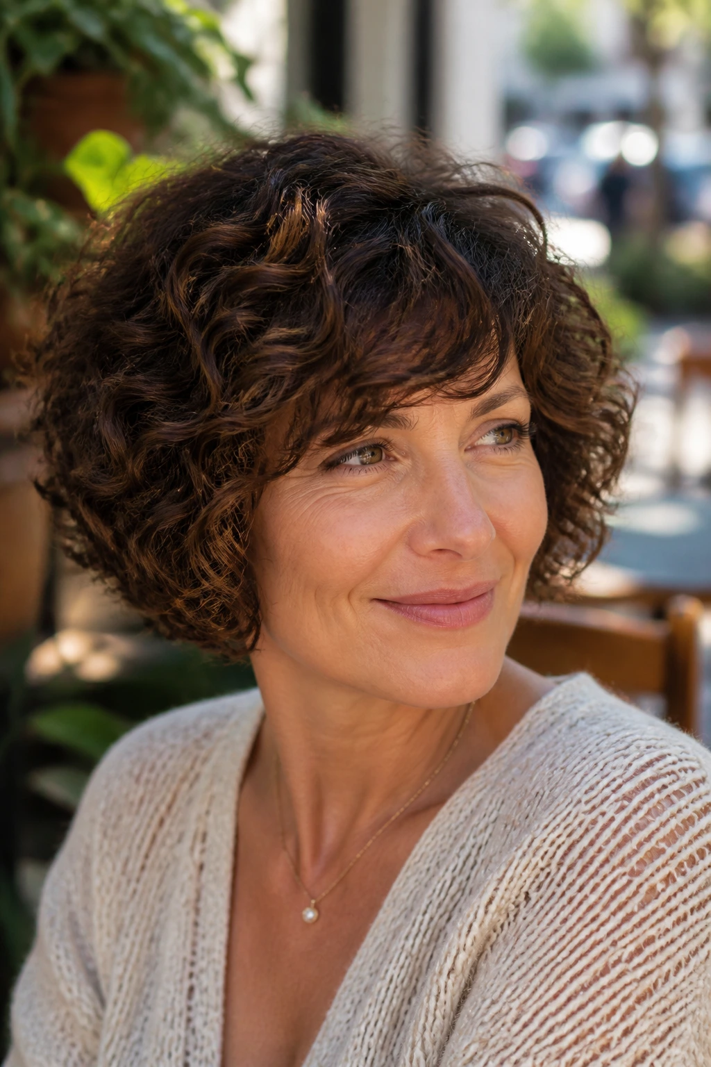 Portrait of a woman with rounded curly bob and side-swept fringe