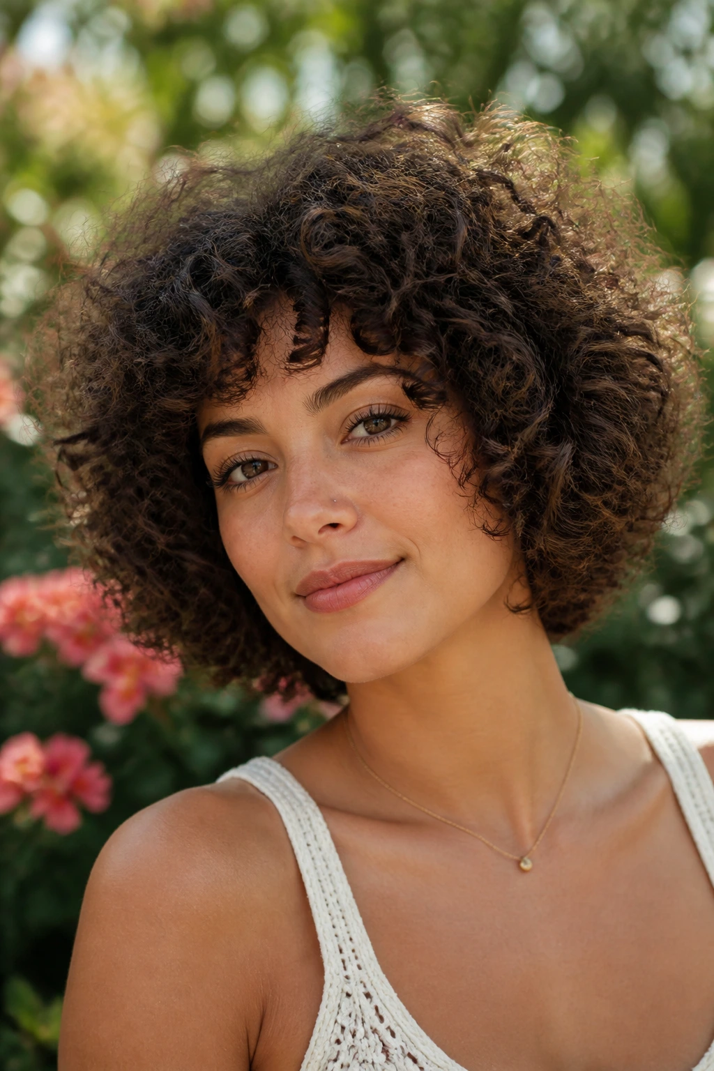 Close-up portrait of a woman with rounded curly bob and halo volume