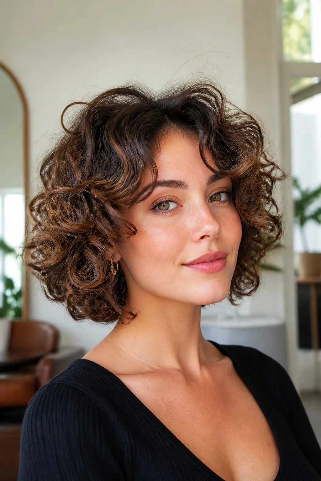 Portrait of woman with rounded curly bob showing interior layers lifting crown