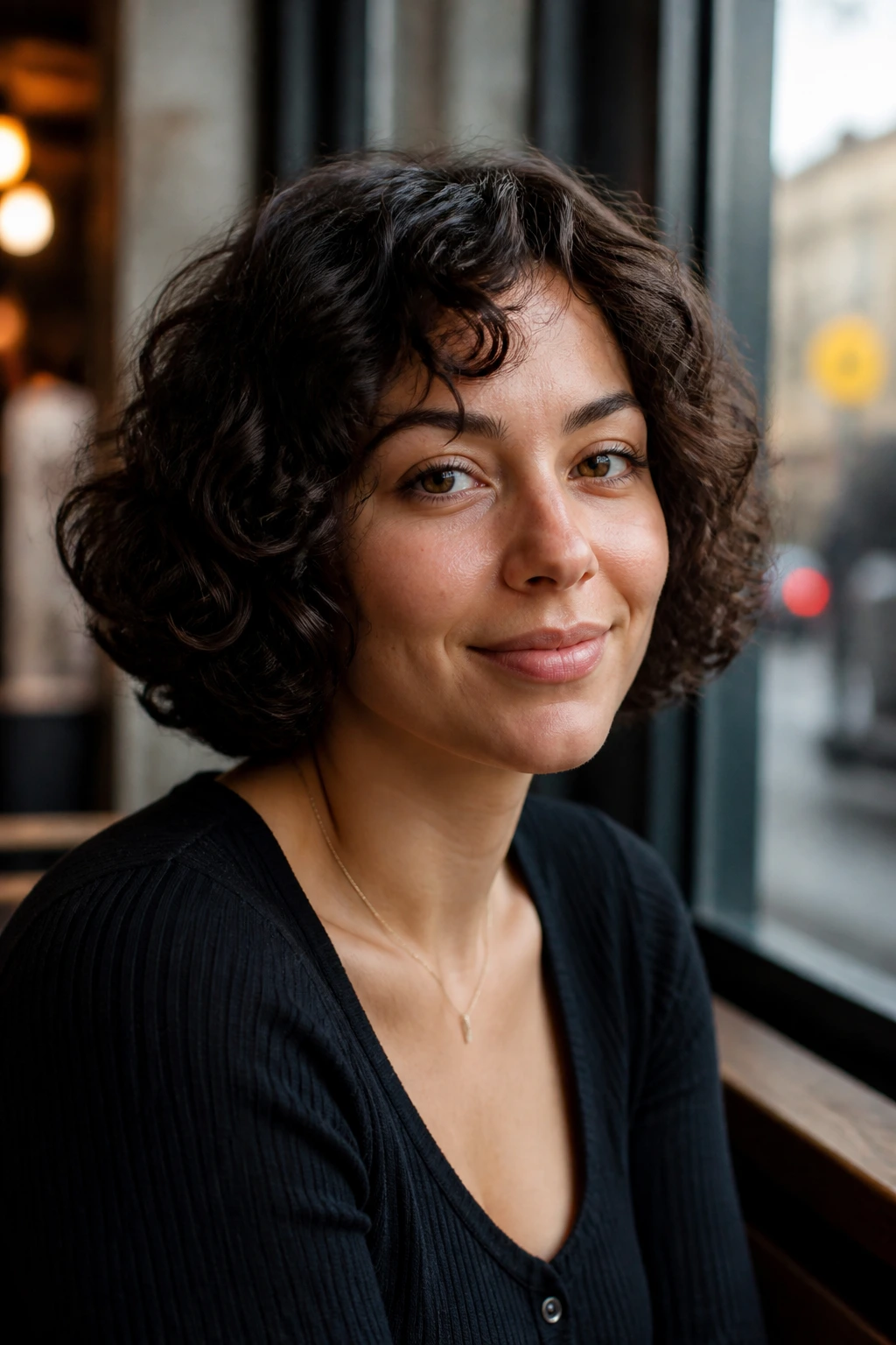Close-up of a real woman with rounded curly bob hugging the jaw