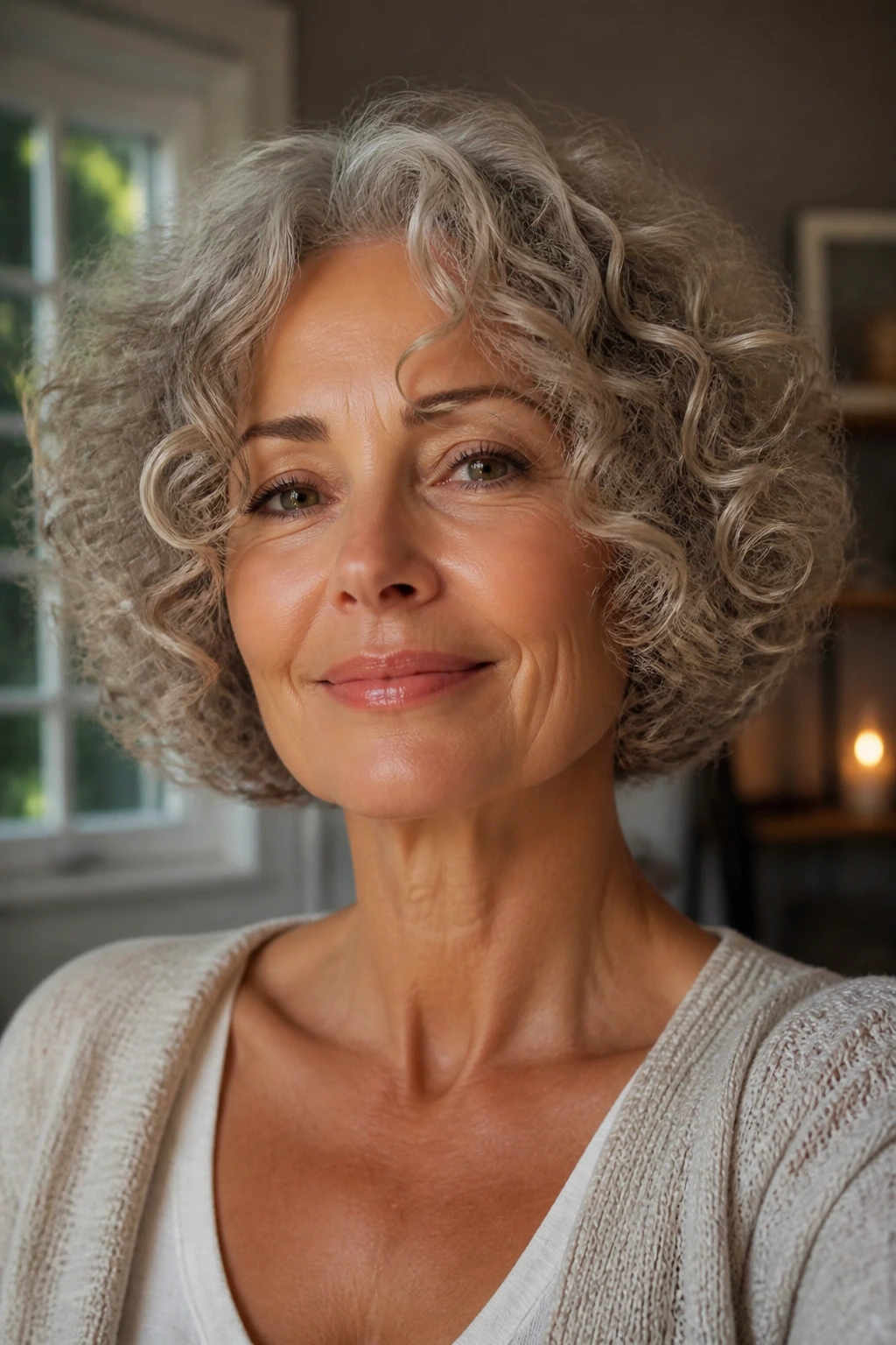 Close-up of a real woman with a jawline-hugging rounded curly bob in natural light.