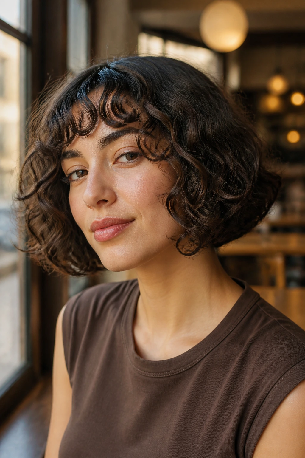 Real person with rounded curly bob under natural cafe light