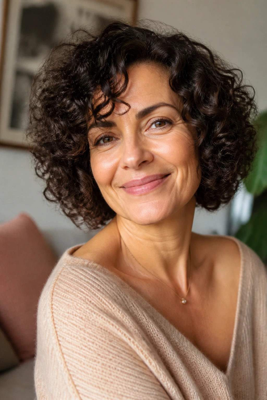 Close-up of a real woman with a rounded curly bob and soft ends in warm interior light