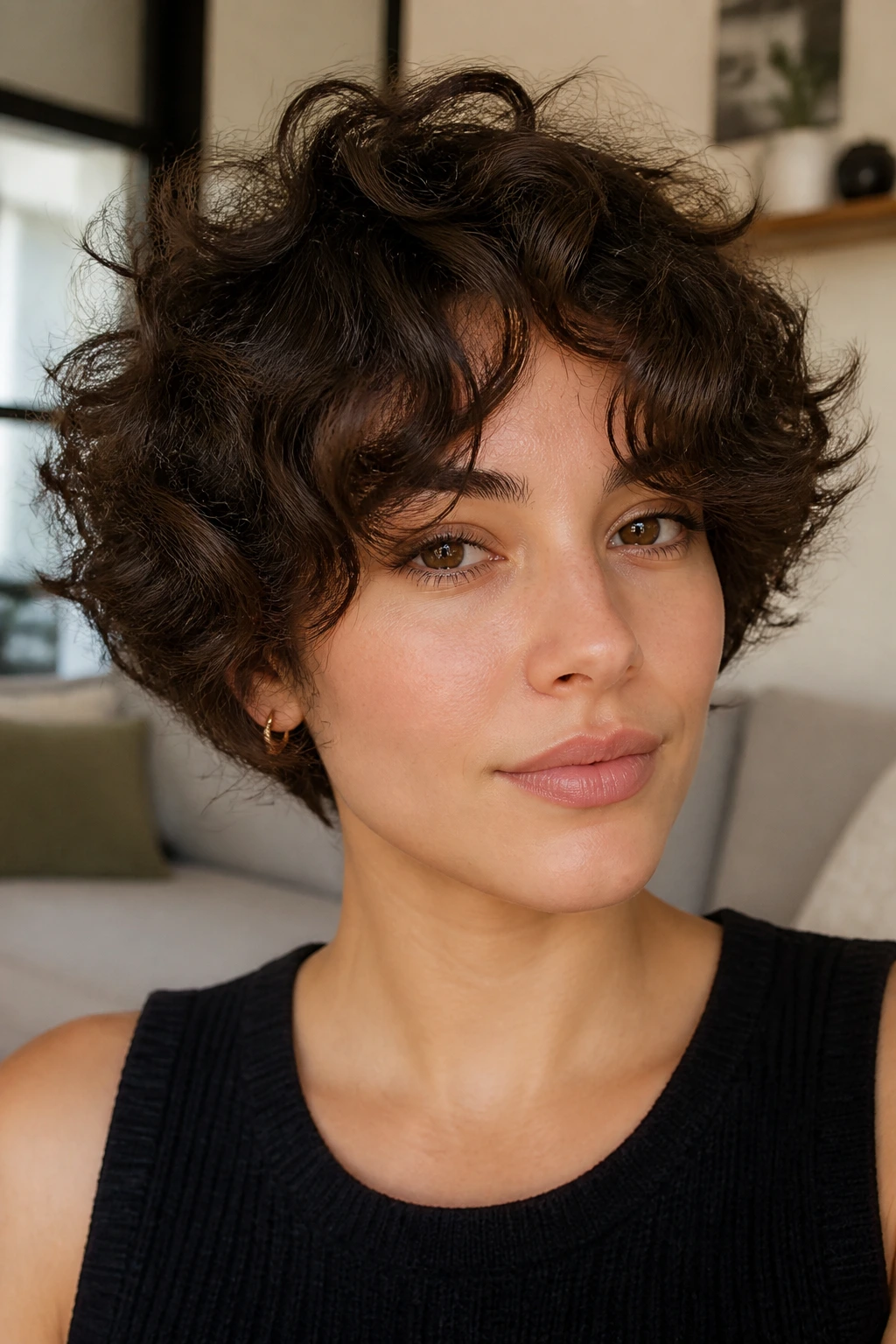 Close-up portrait of a real person with a rounded curly crop and soft curtain bangs.