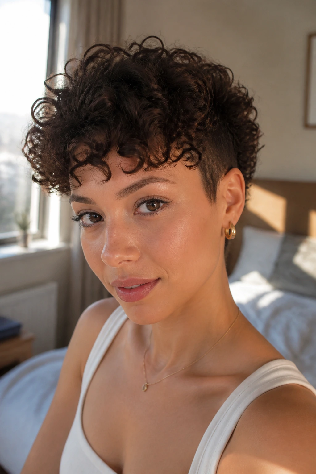 Close-up of a real woman's rounded curly crop forming a soft halo.
