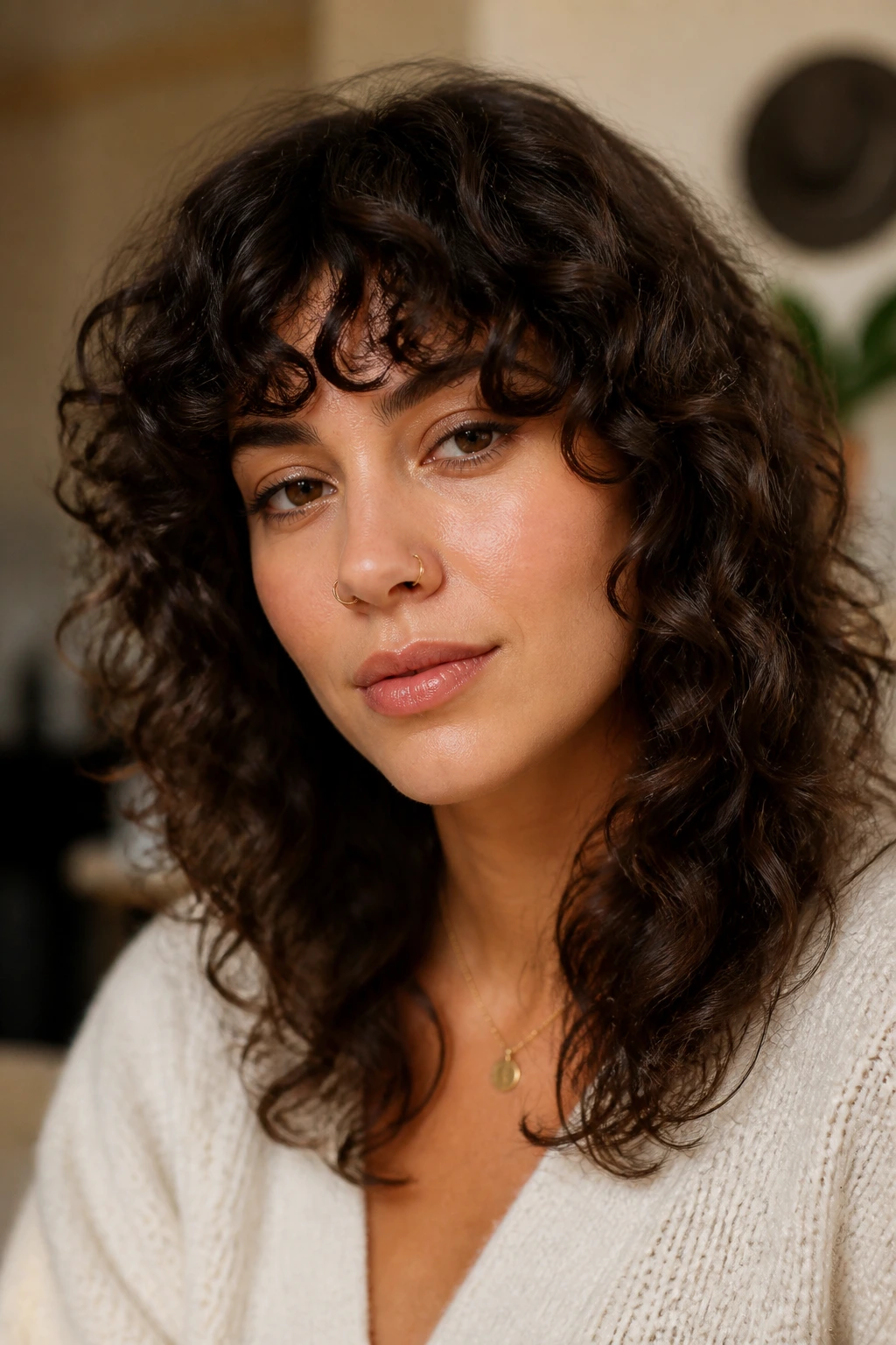 Close-up portrait of a real woman with rounded curly fringe shag, warm indoor lighting