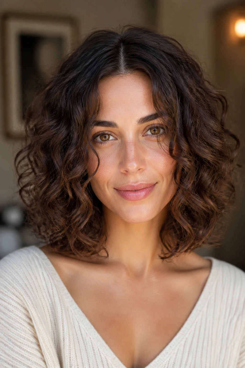 Close-up of a real person with a Rounded Curly Lob and a Center Part.