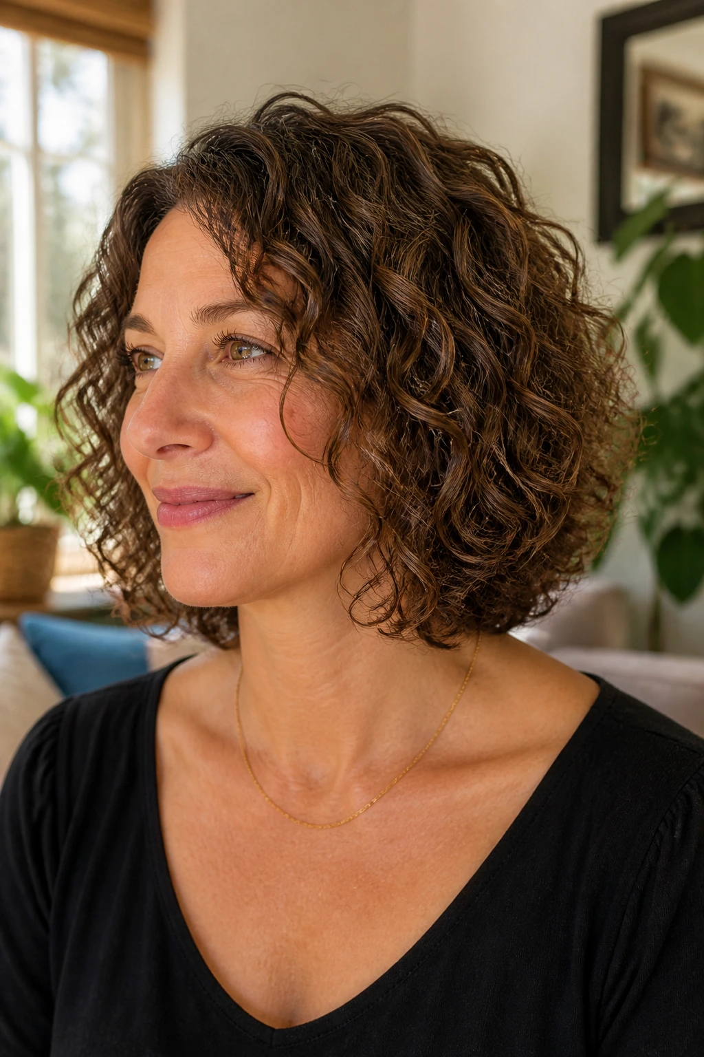 Close-up portrait of a real woman with a rounded curly lob and defined waves