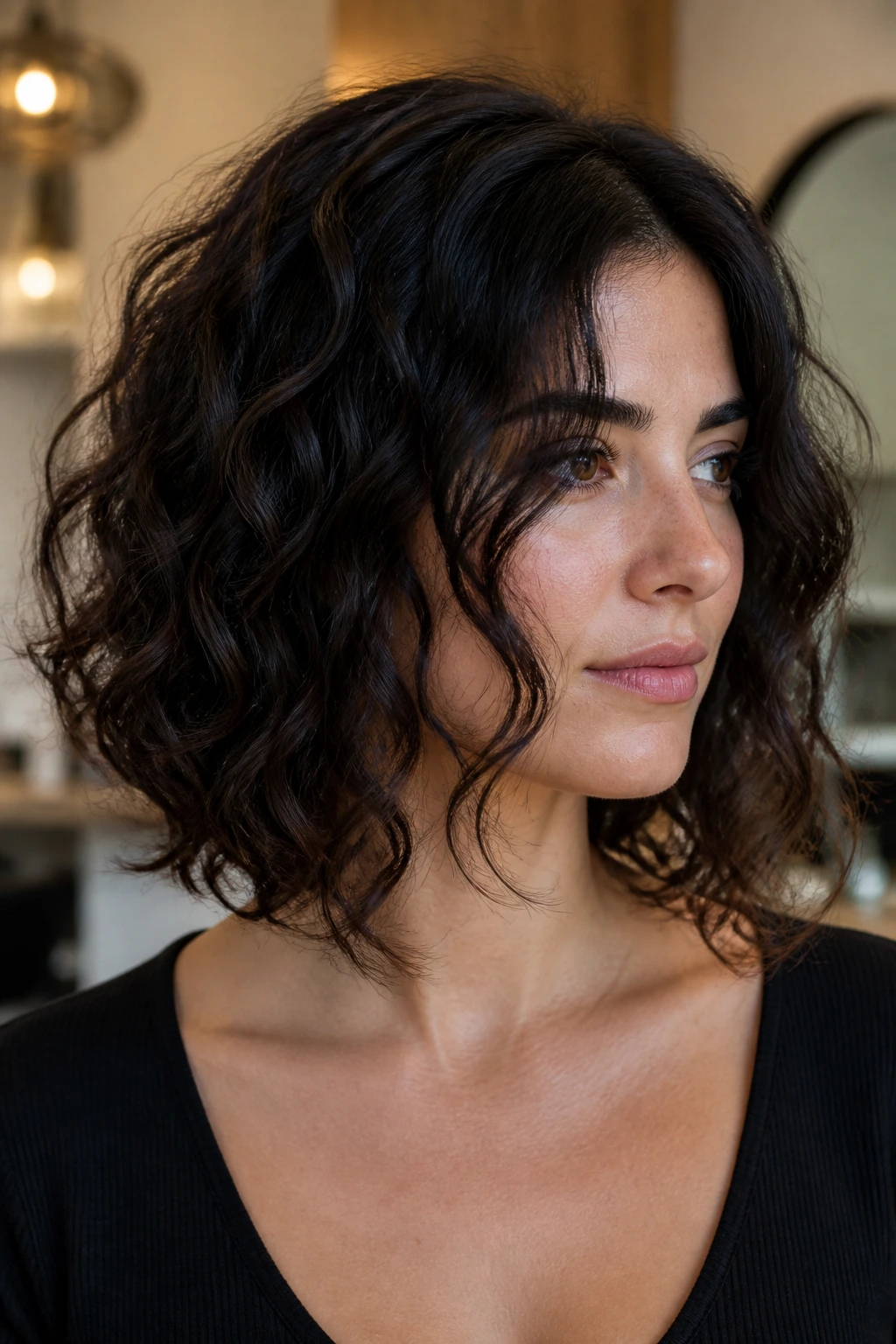 Close-up of a woman with a rounded curly lob and long front pieces framing the jaw