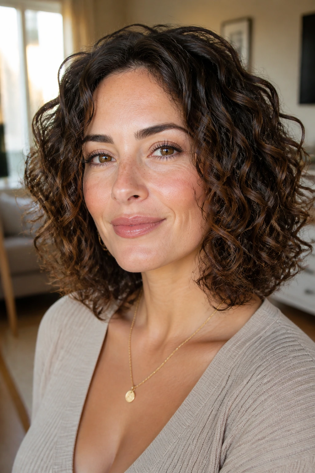 Close-up portrait of a real woman with rounded curly lob, soft curved silhouette around the head