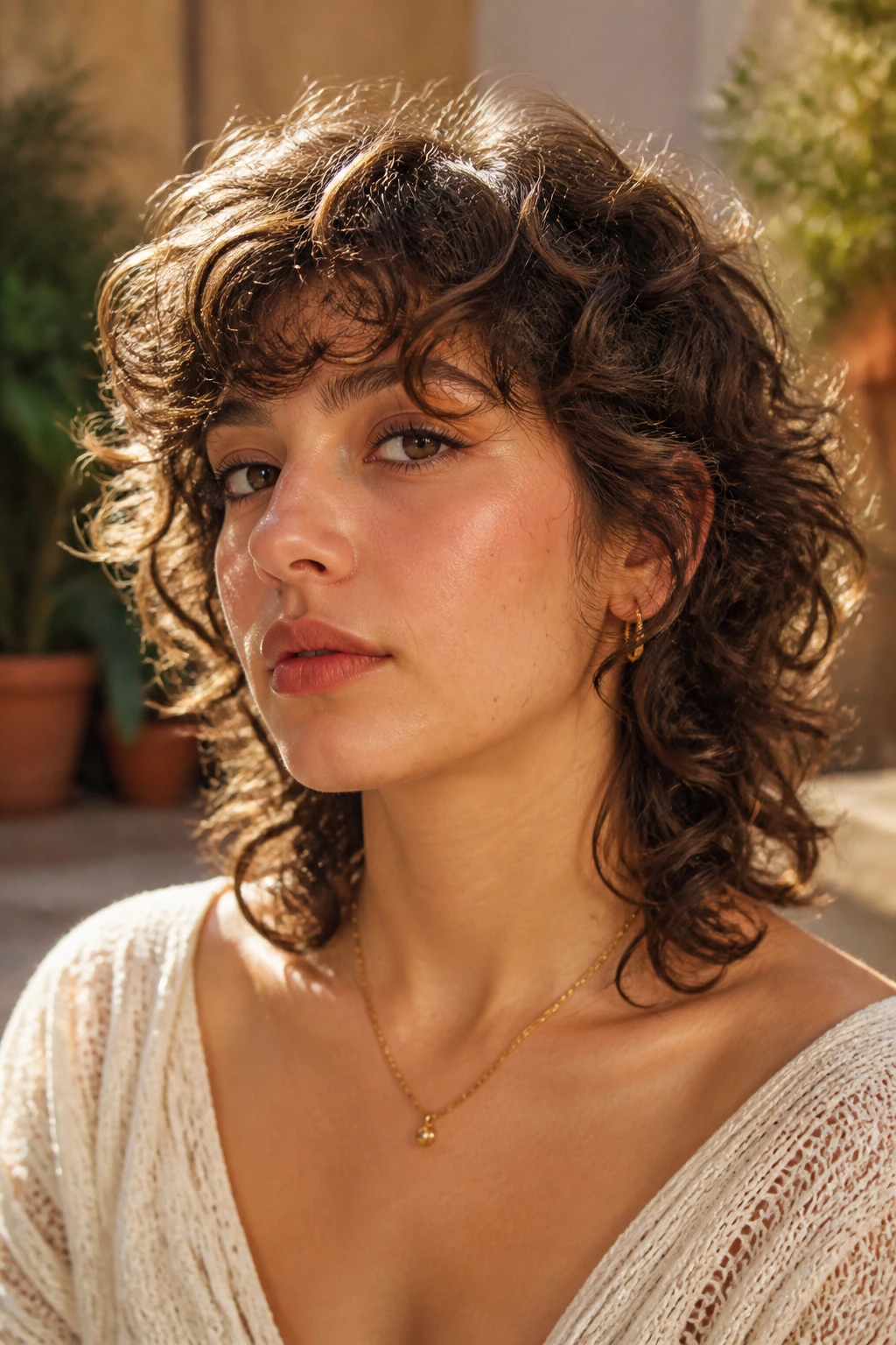 Portrait of a person with rounded curly mullet and feathered bangs outside at golden hour