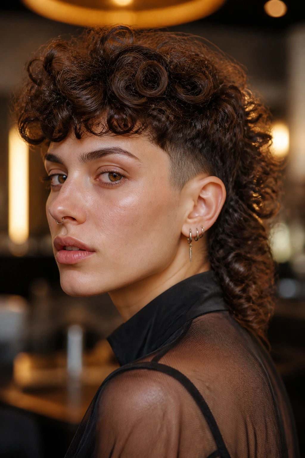 Close-up of a real person with a rounded curly mullet hairstyle
