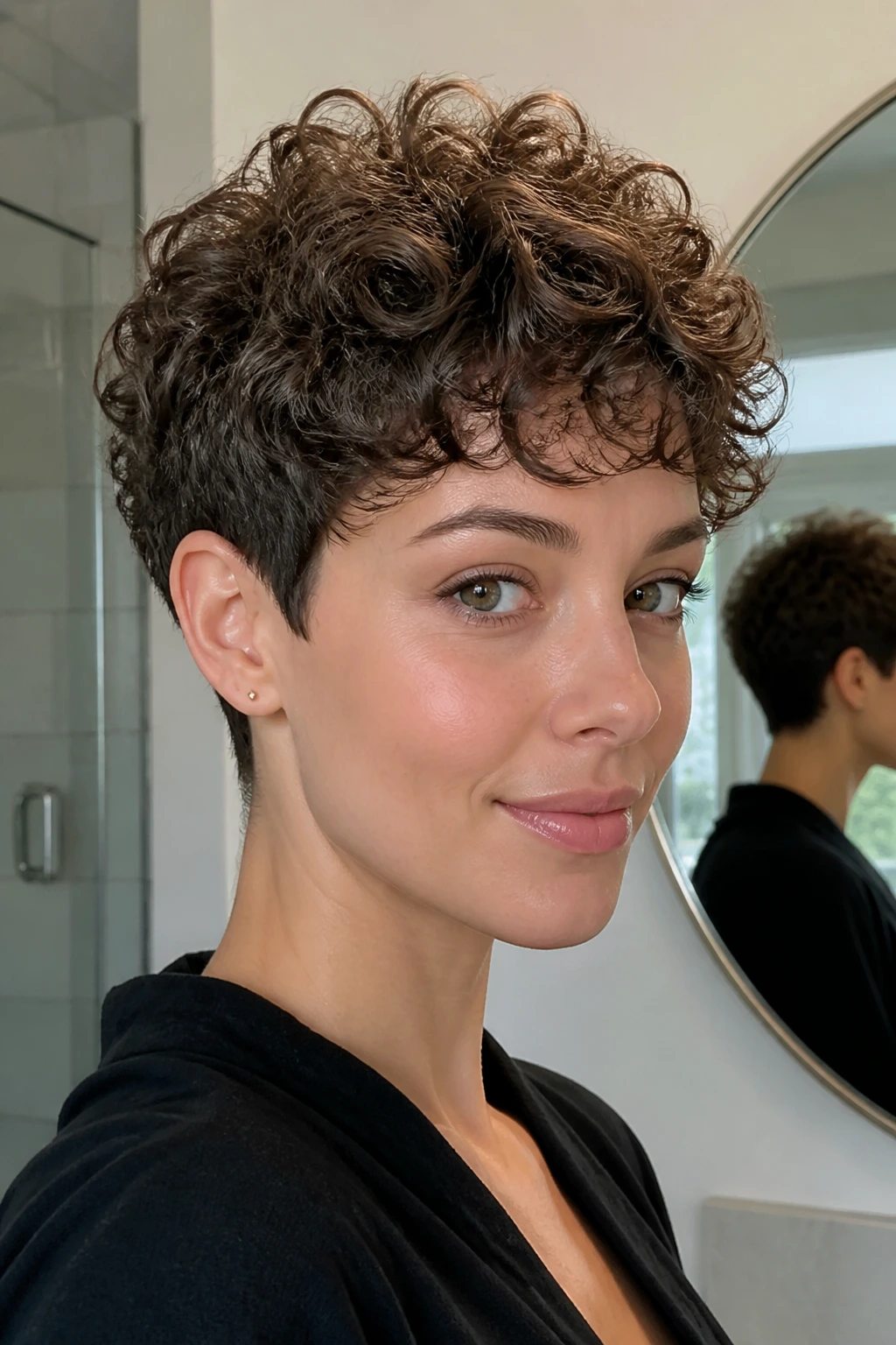 Close-up of a real person with a rounded curly pixie hairstyle.
