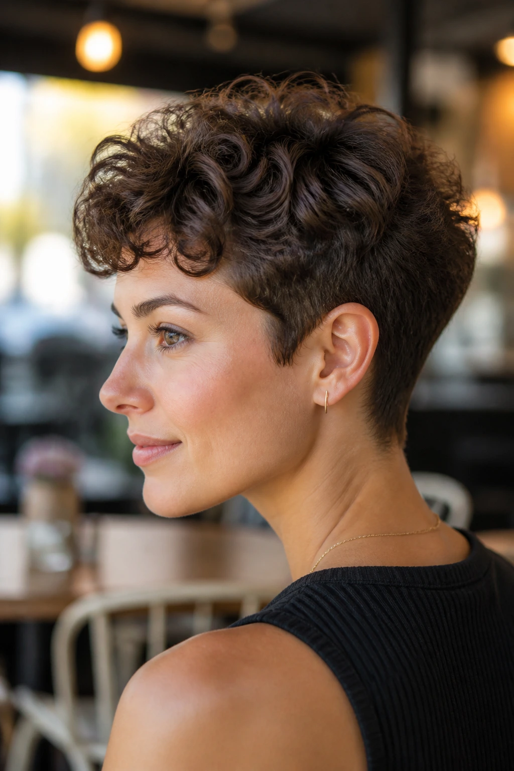 Close-up of a real woman with rounded curly pixie and tapered nape