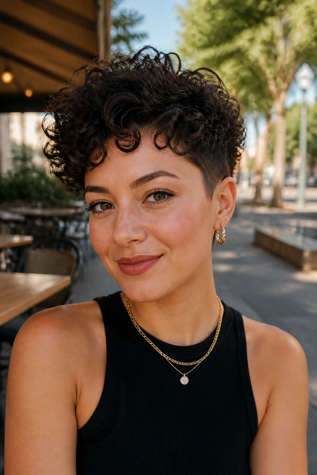 Real person with rounded curly pixie and tapered sides