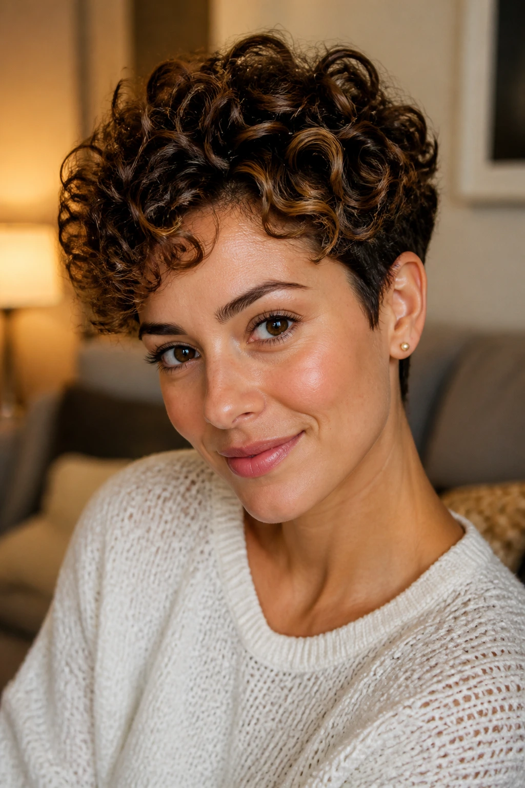 Real woman with rounded curly pixie and tucked sides