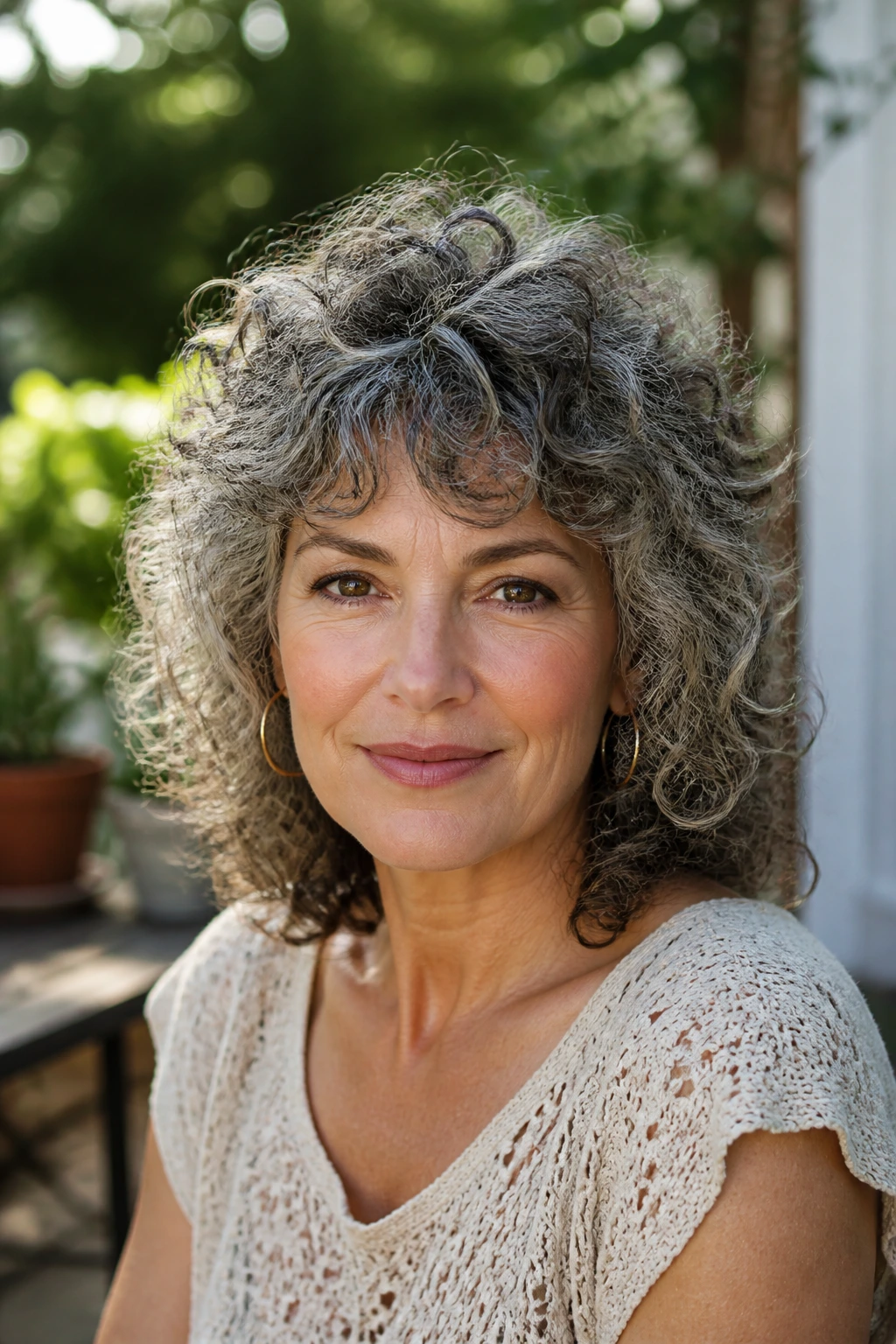 Close-up portrait of a woman with rounded curly shag and crown lift.