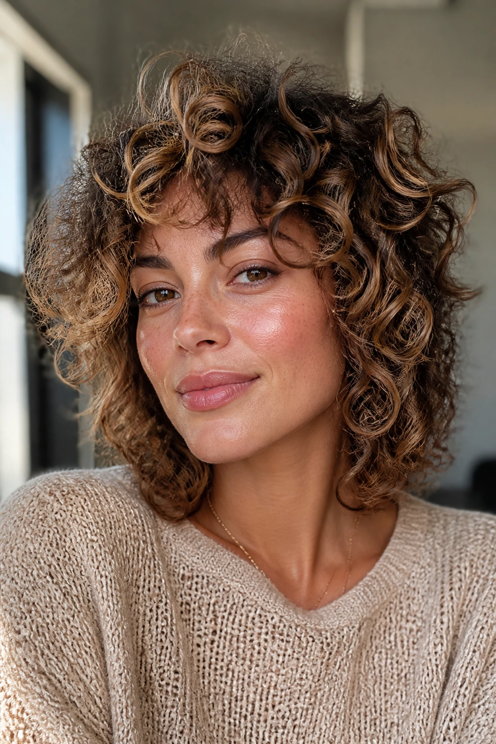 Close-up of rounded curly shag with sunlit caramel ends on a real person.