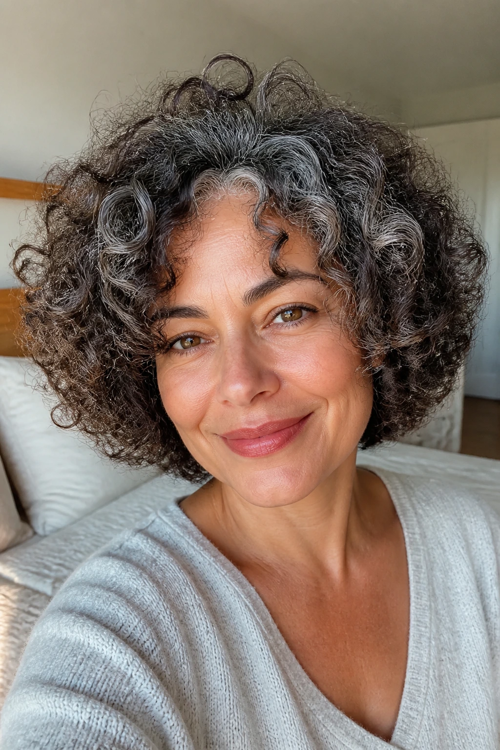 Close-up brunette with rounded curly shape and halo-like silver curls.
