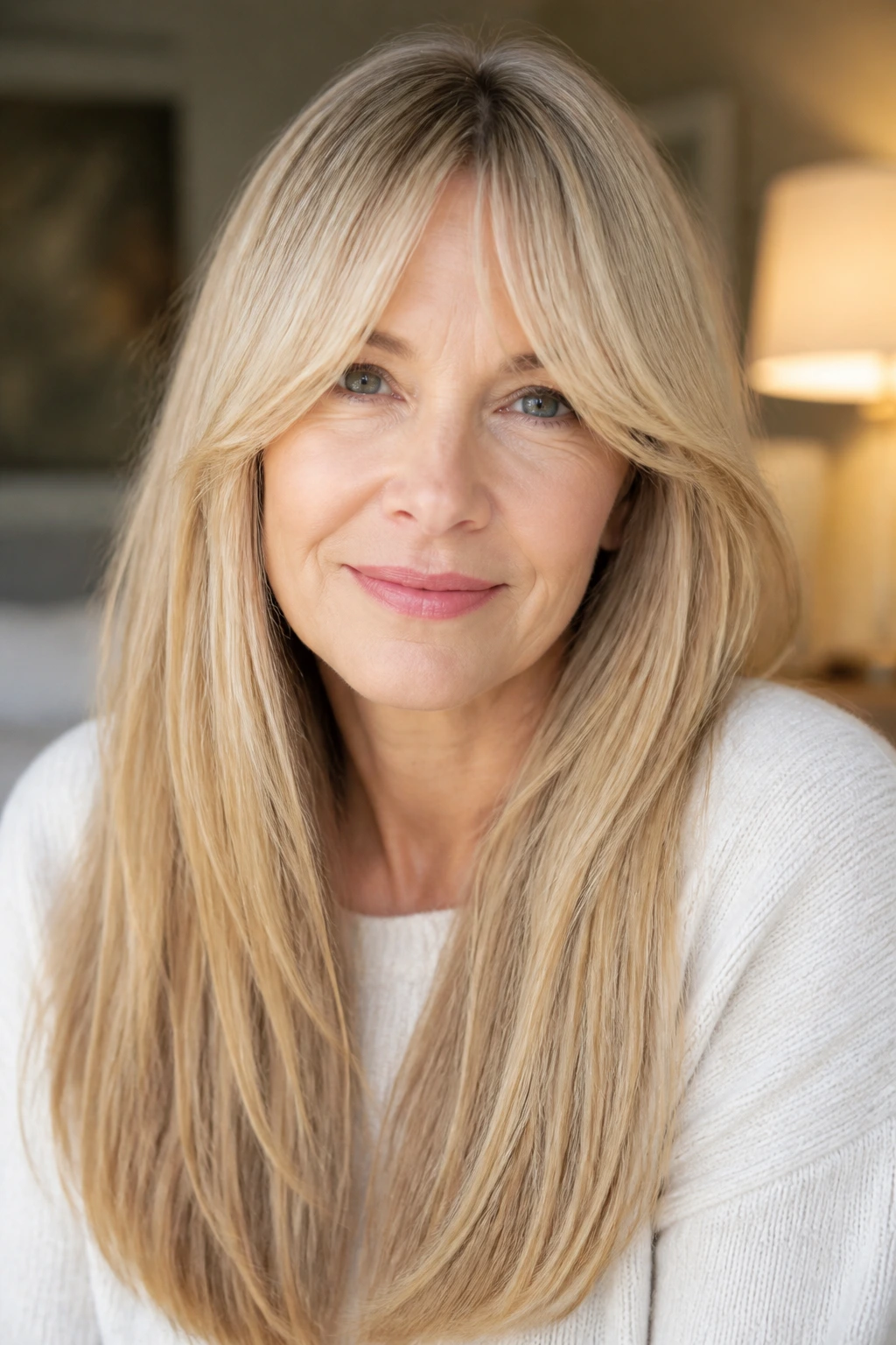 Close-up of a real woman with rounded curtain bangs over straight mid-back hair