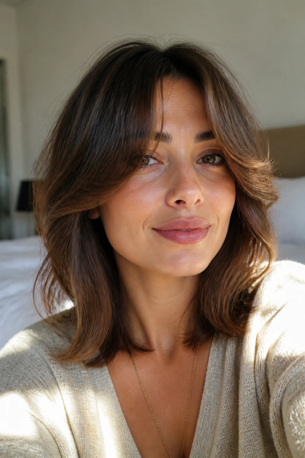 Close-up portrait of a real woman with rounded curtain bangs and a loose bend