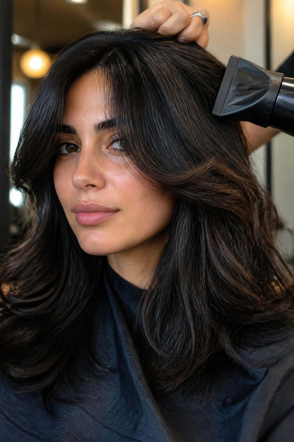 Close-up of a real woman with rounded curtain fringe and thick hair