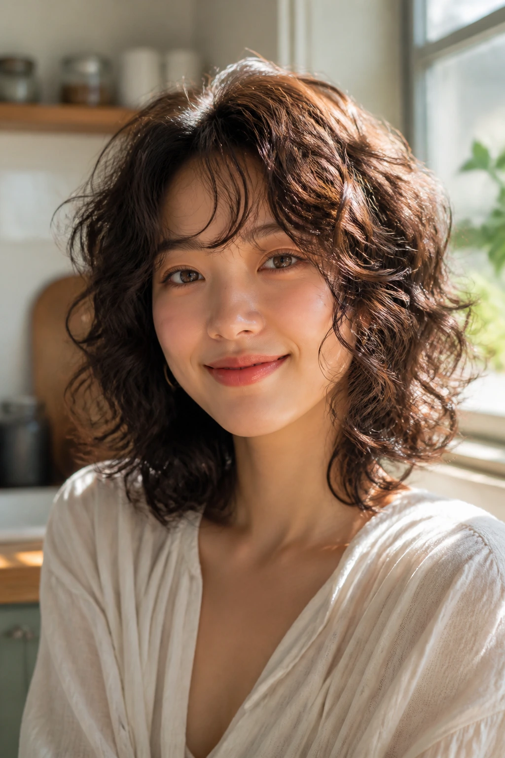 Close-up portrait of a real woman with rounded curve layers creating soft volume.