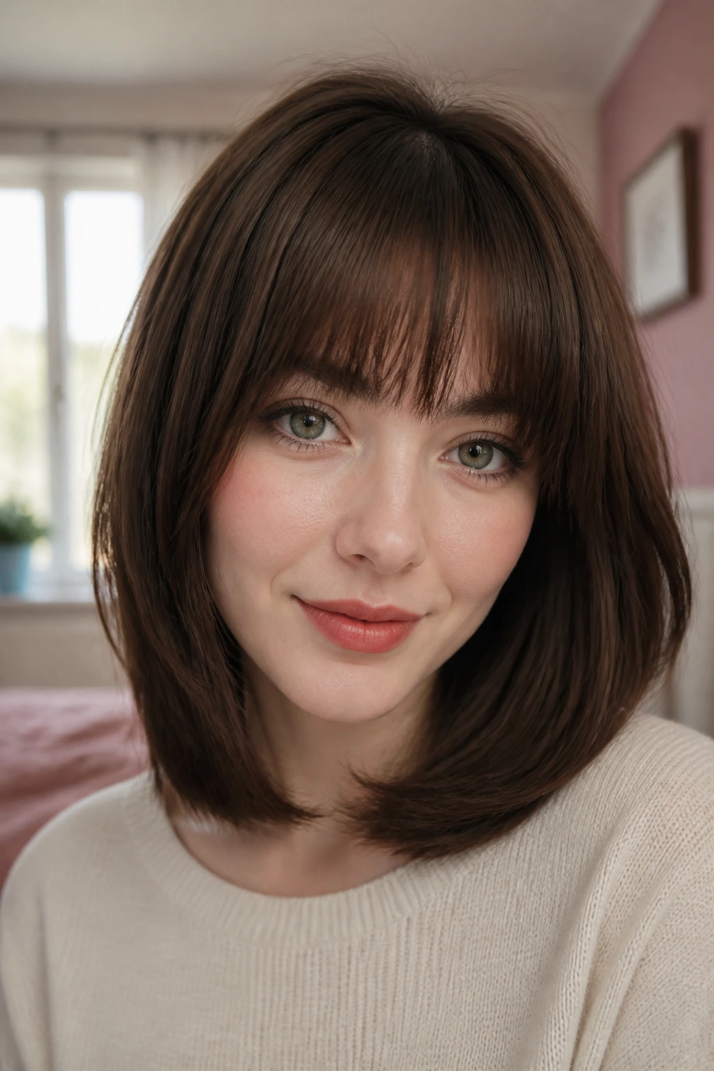 Close-up portrait of a real woman with rounded-cut brunette fringe.