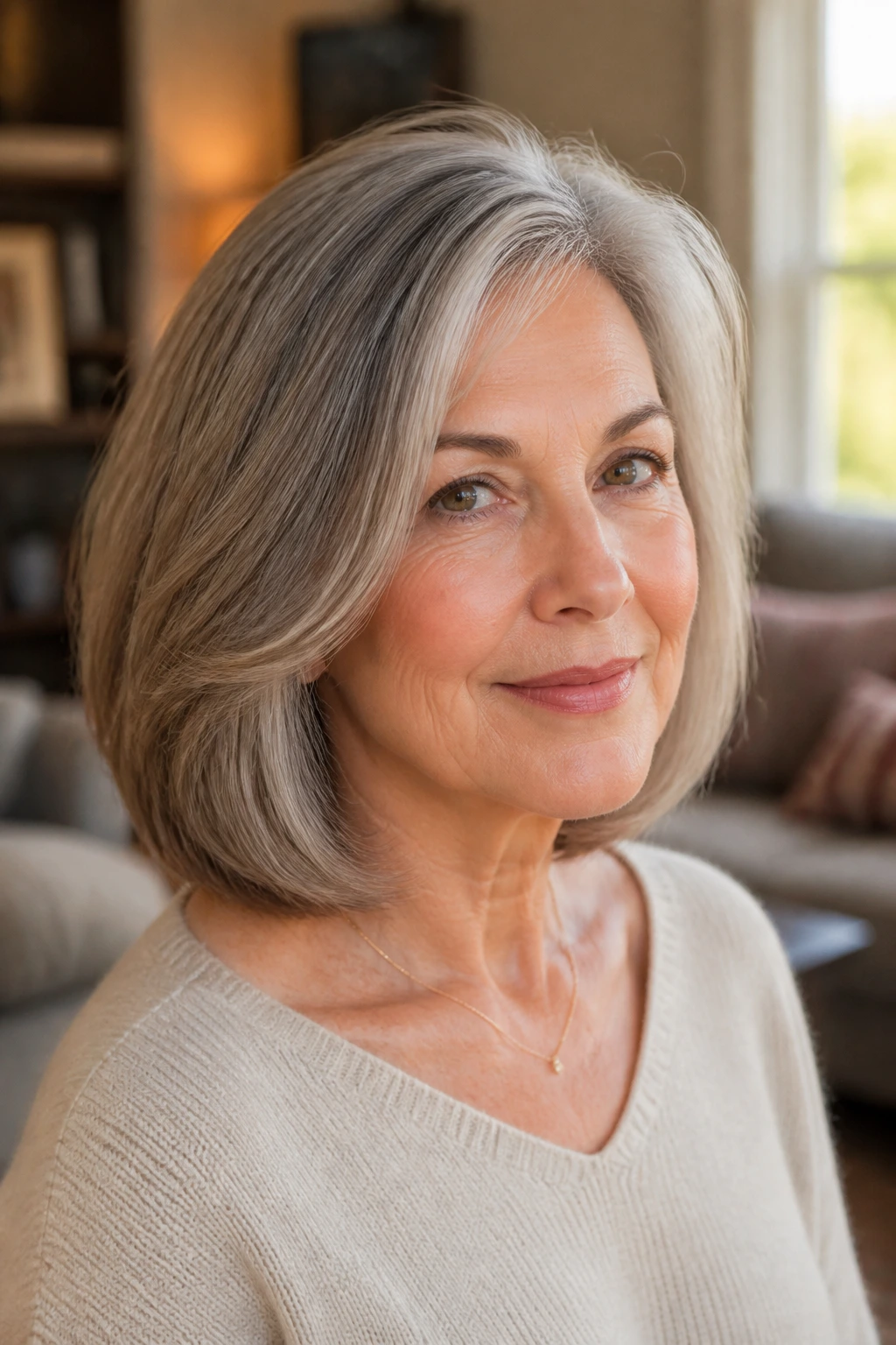 Older woman with a rounded cut and tapered ends.