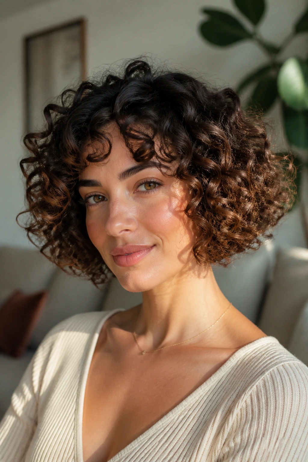 Portrait of a real woman with rounded deva-cut curls creating a soft rounded silhouette.