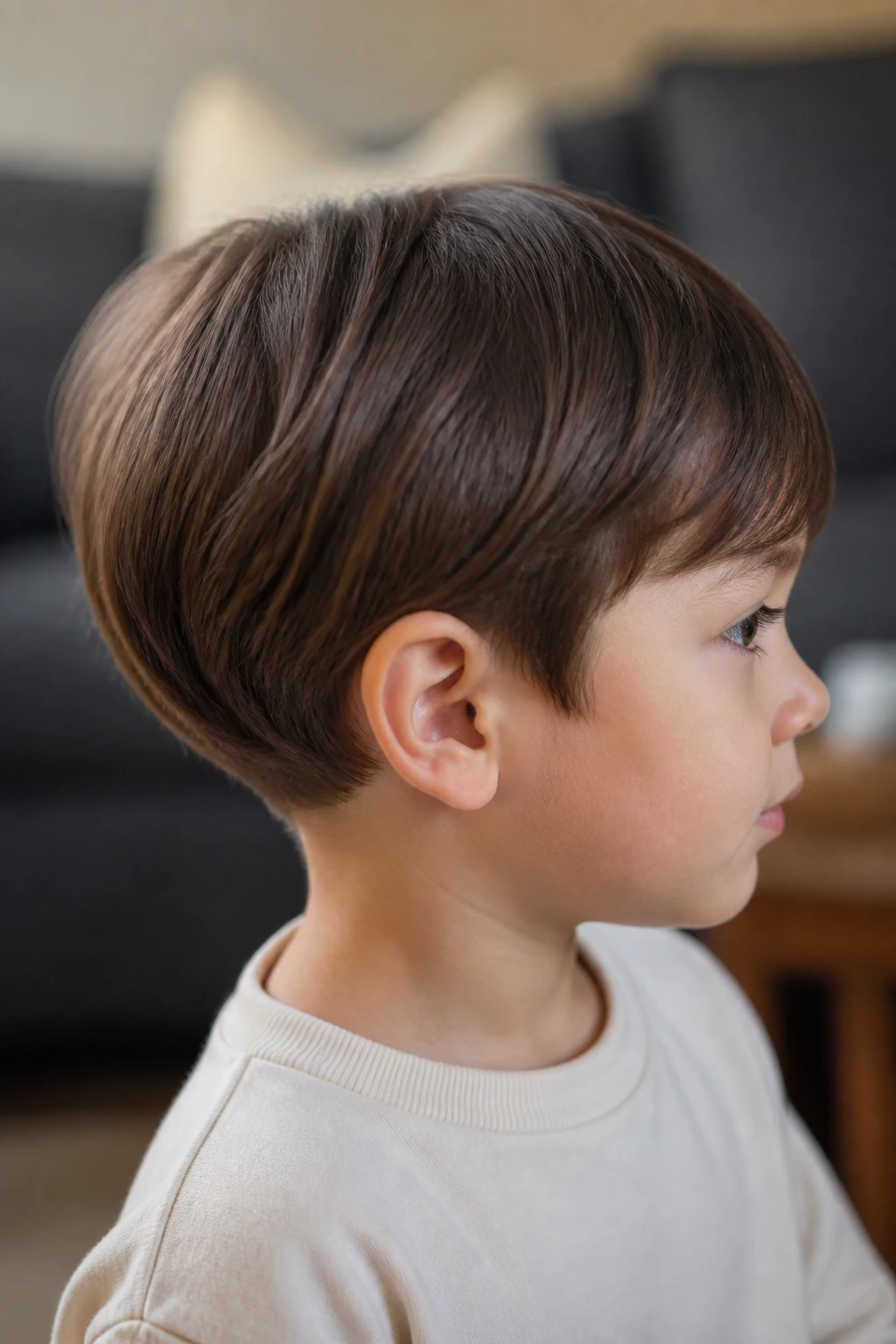 Toddler boy with rounded ear-hugging bob.