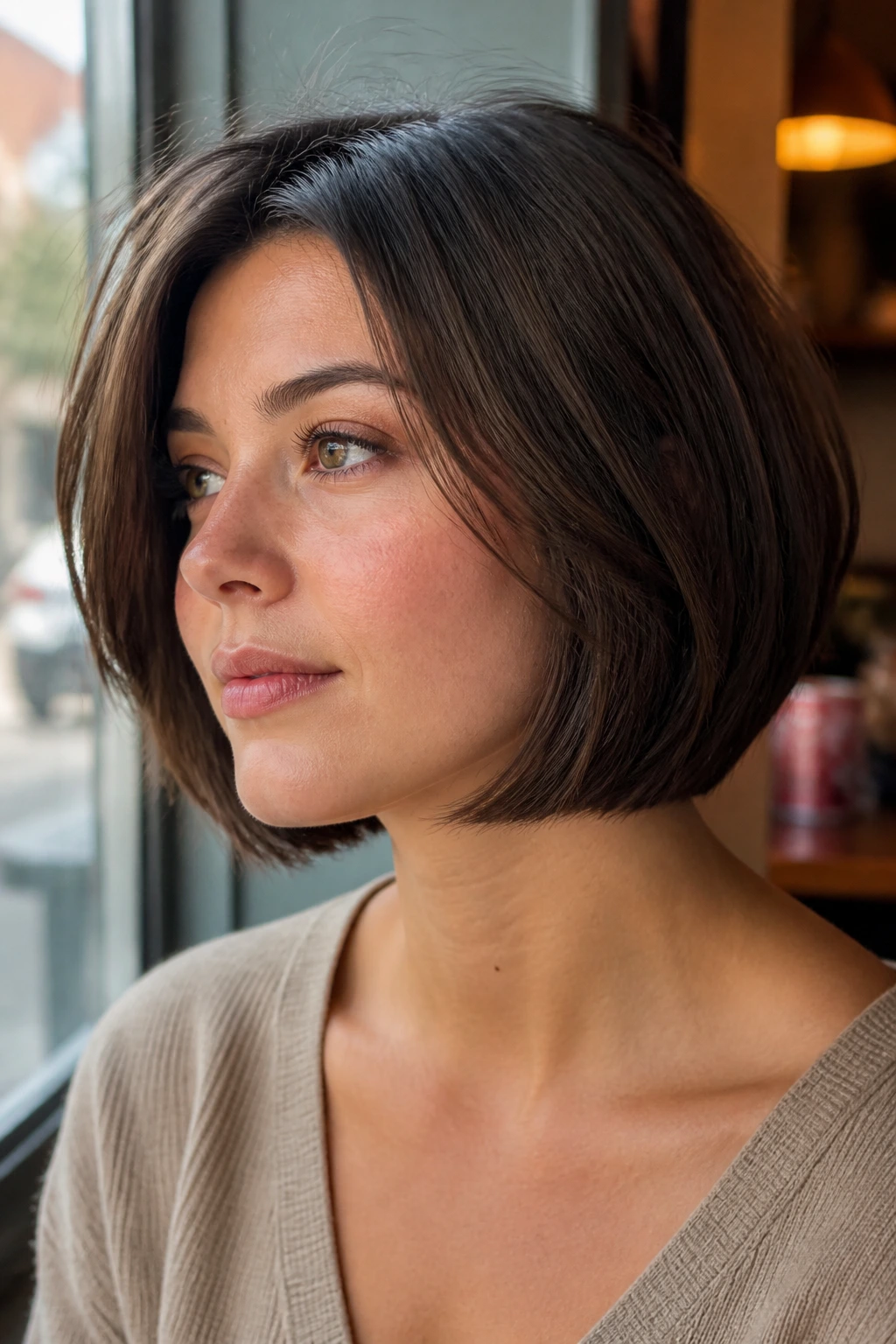 Close-up portrait of a real person with a rounded-edge bob and hidden layers